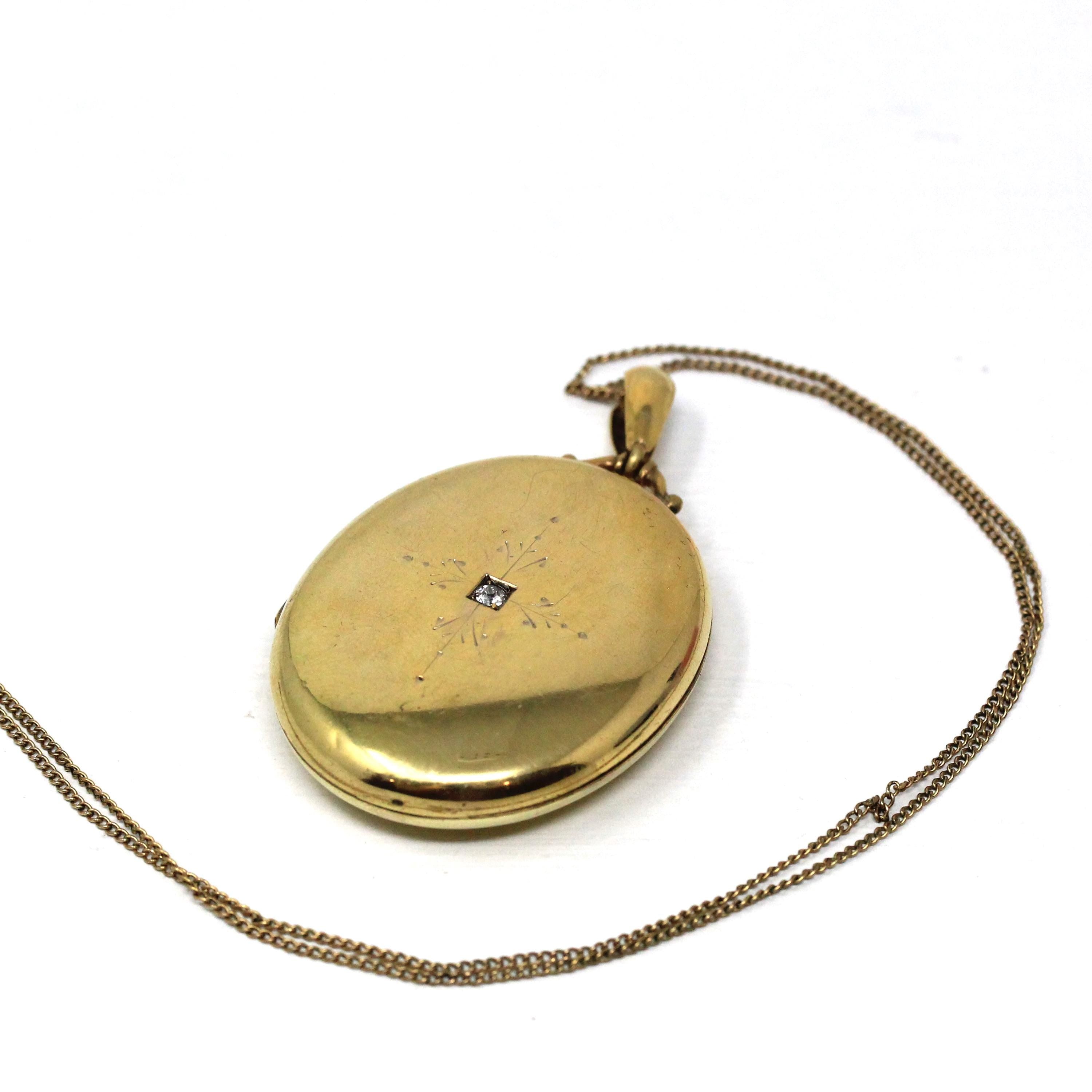 Antique Diamond Locket - Victorian Gold Filled Large Oval Photograph Pendant Necklace - Circa 1890s Era Old Mine Cut .07 CT Accent Jewelry