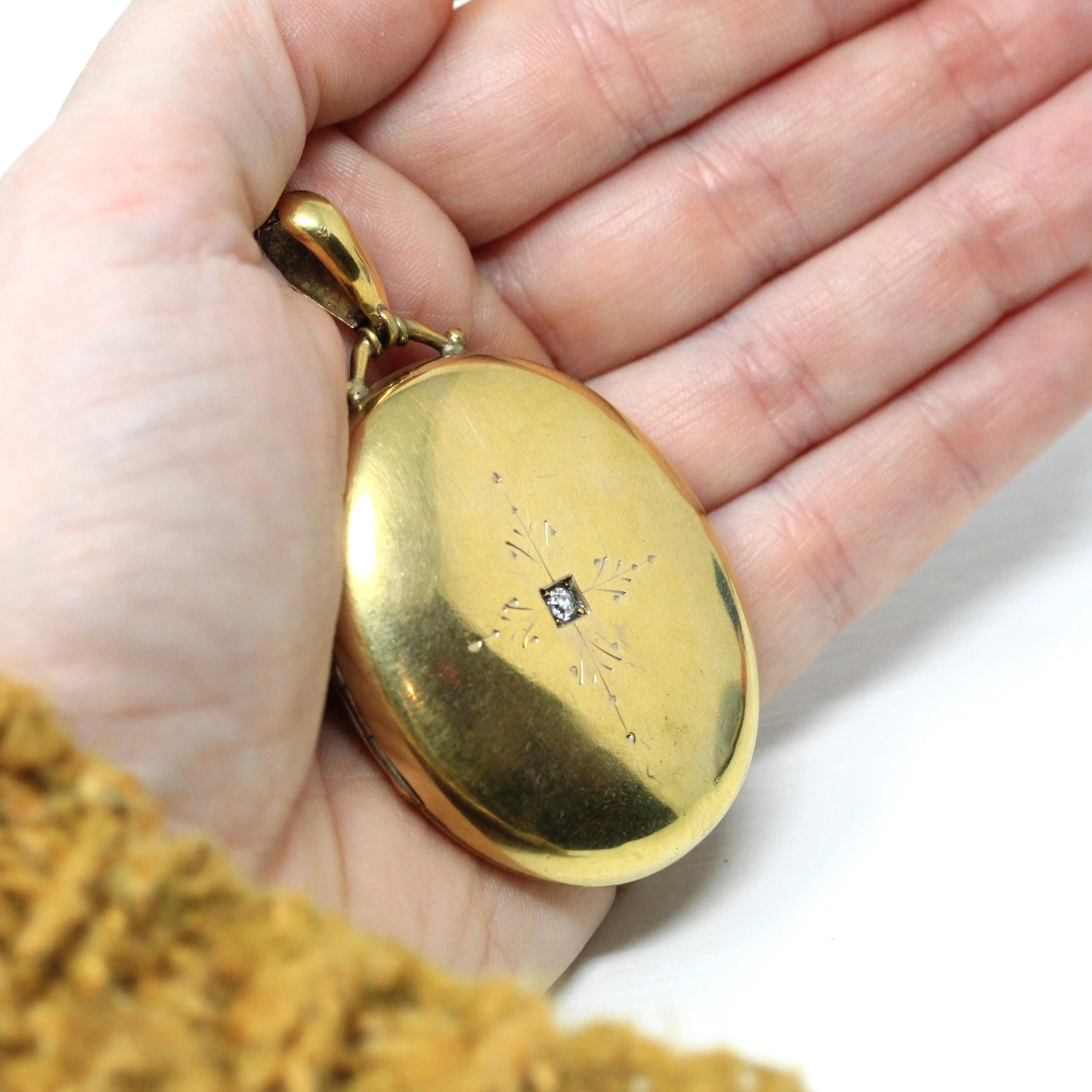 Antique Diamond Locket - Victorian Gold Filled Large Oval Photograph Pendant Necklace - Circa 1890s Era Old Mine Cut .07 CT Accent Jewelry