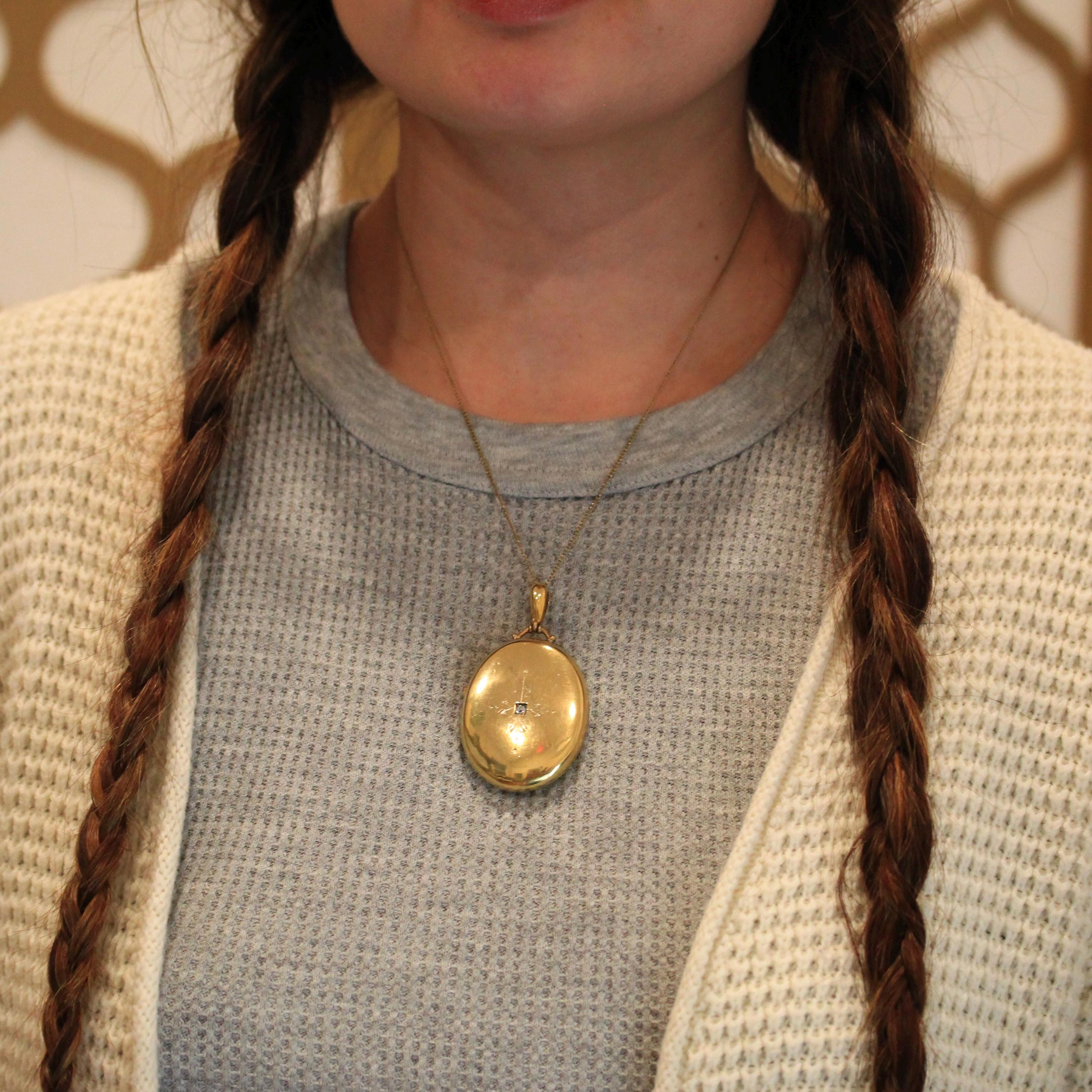 Antique Diamond Locket - Victorian Gold Filled Large Oval Photograph Pendant Necklace - Circa 1890s Era Old Mine Cut .07 CT Accent Jewelry