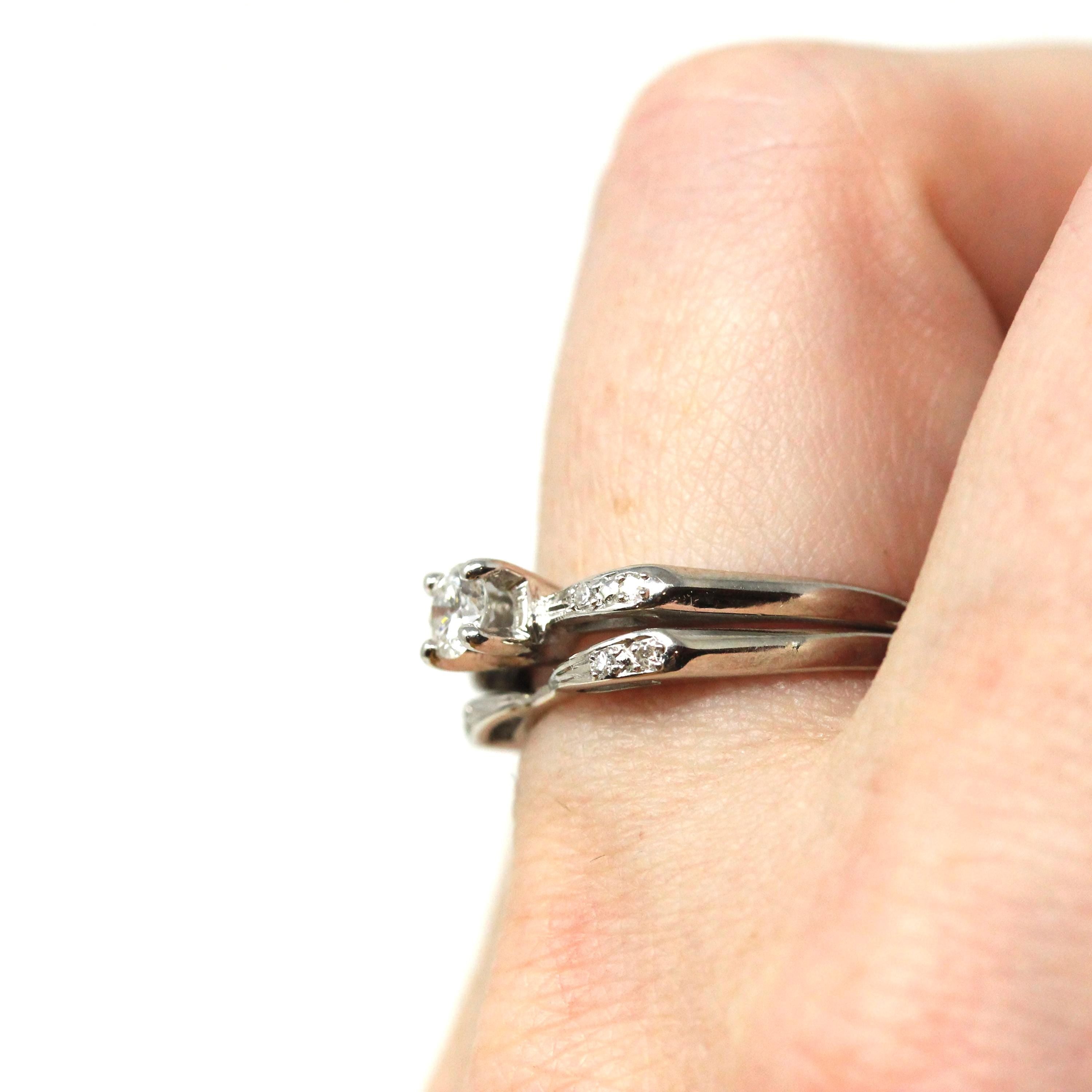 Vintage Wedding Ring Set - Mid Century 14k White Gold Natural Diamond Bands - Circa 1950s Era Size 6 1/2 Engagement Fine Bow Bridal Jewelry