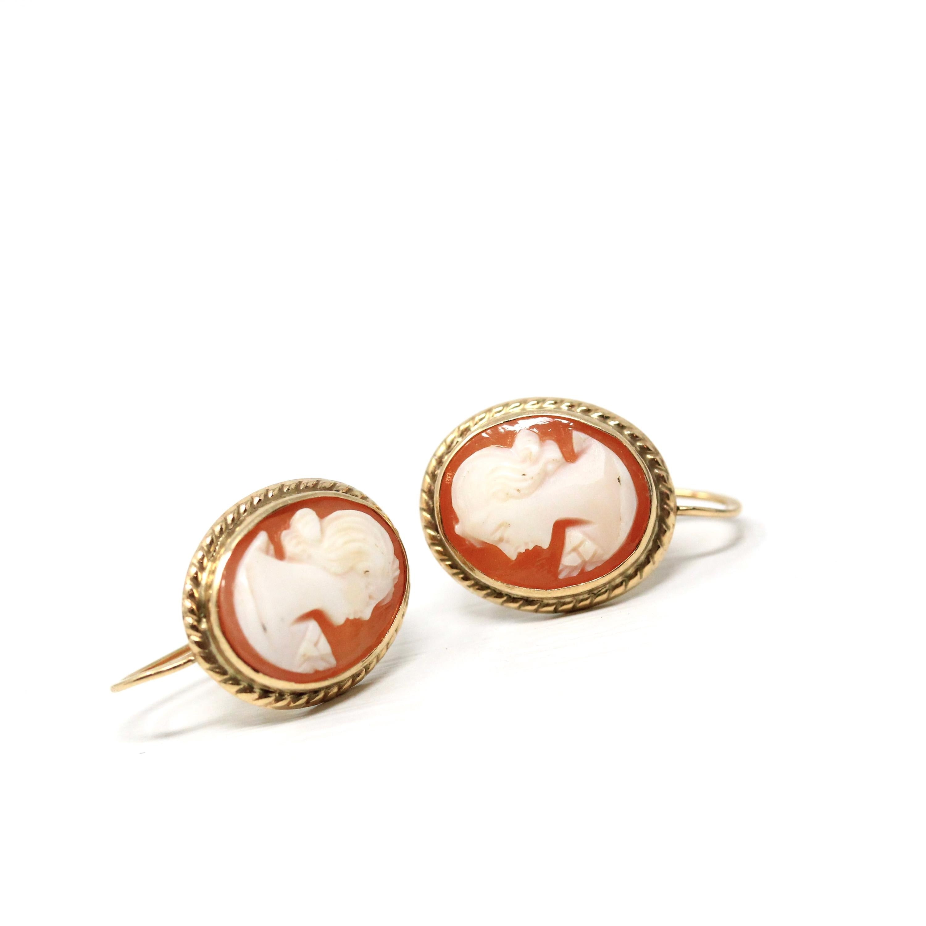 Vintage Cameo Earrings - Retro 10k Yellow Gold Oval Carved Shell Portrait Screw Backs - Circa 1940s Era Fashion Accessories 40s PSCO Jewelry