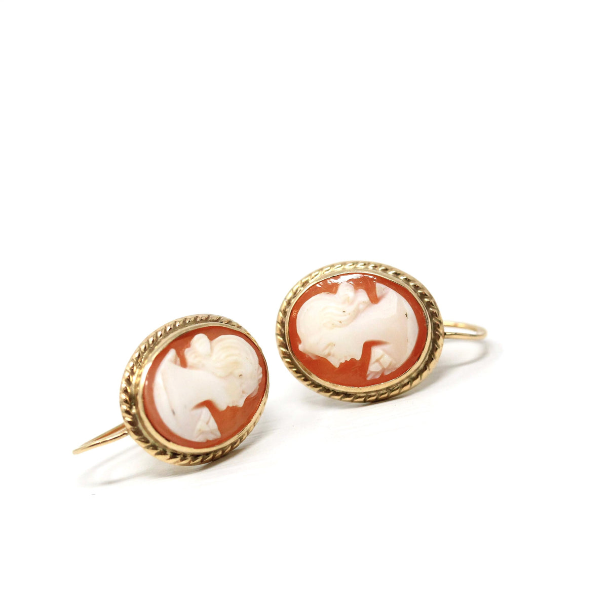 Vintage Cameo Earrings - Retro 10k Yellow Gold Oval Carved Shell Portrait Screw Backs - Circa 1940s Era Fashion Accessories 40s PSCO Jewelry