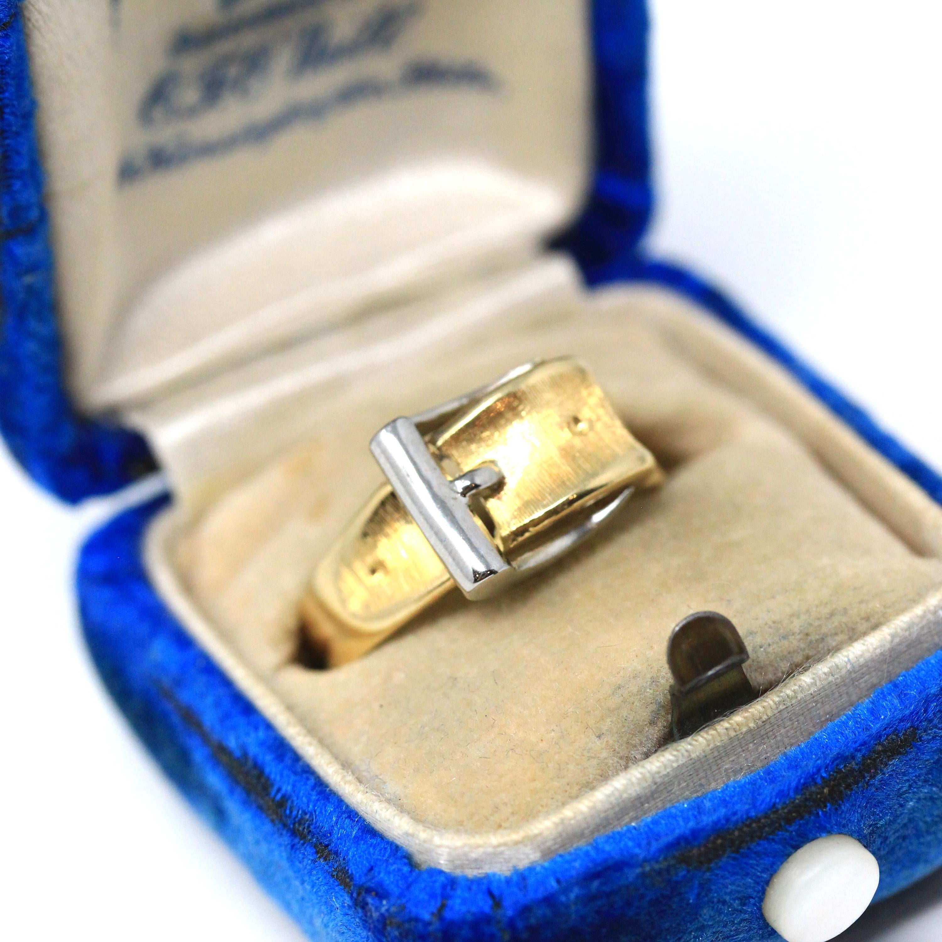 Belt Buckle Ring - Mid Century 18k Yellow & White Gold Two Tone Statement Band - Vintage Circa 1950s Era Size 7 1/2 Fine Symbolism Jewelry