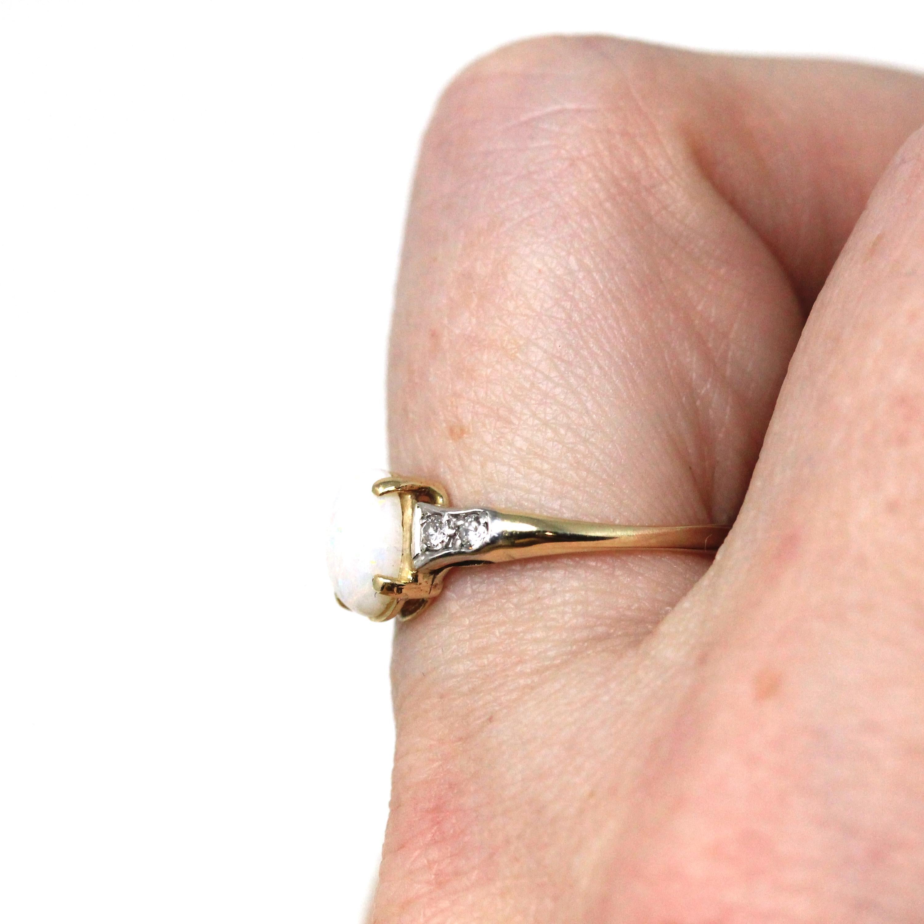 Opal & Diamond Ring - Modern 14k Yellow Gold Oval Cut October Birthstone Gemstone - Estate Circa 2000's Era Size 5 1/4 Two Tone Fine Jewelry