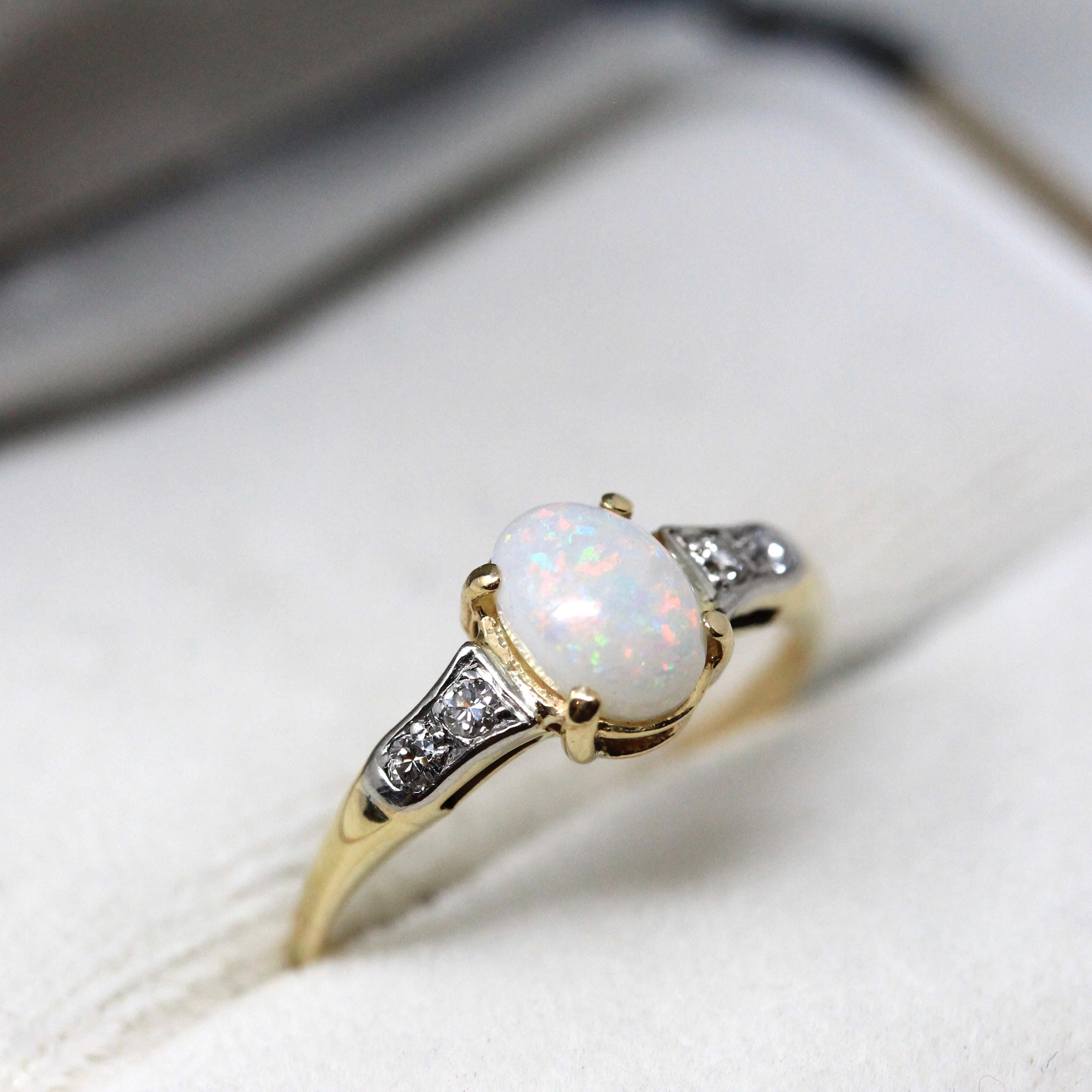 Opal & Diamond Ring - Modern 14k Yellow Gold Oval Cut October Birthstone Gemstone - Estate Circa 2000's Era Size 5 1/4 Two Tone Fine Jewelry