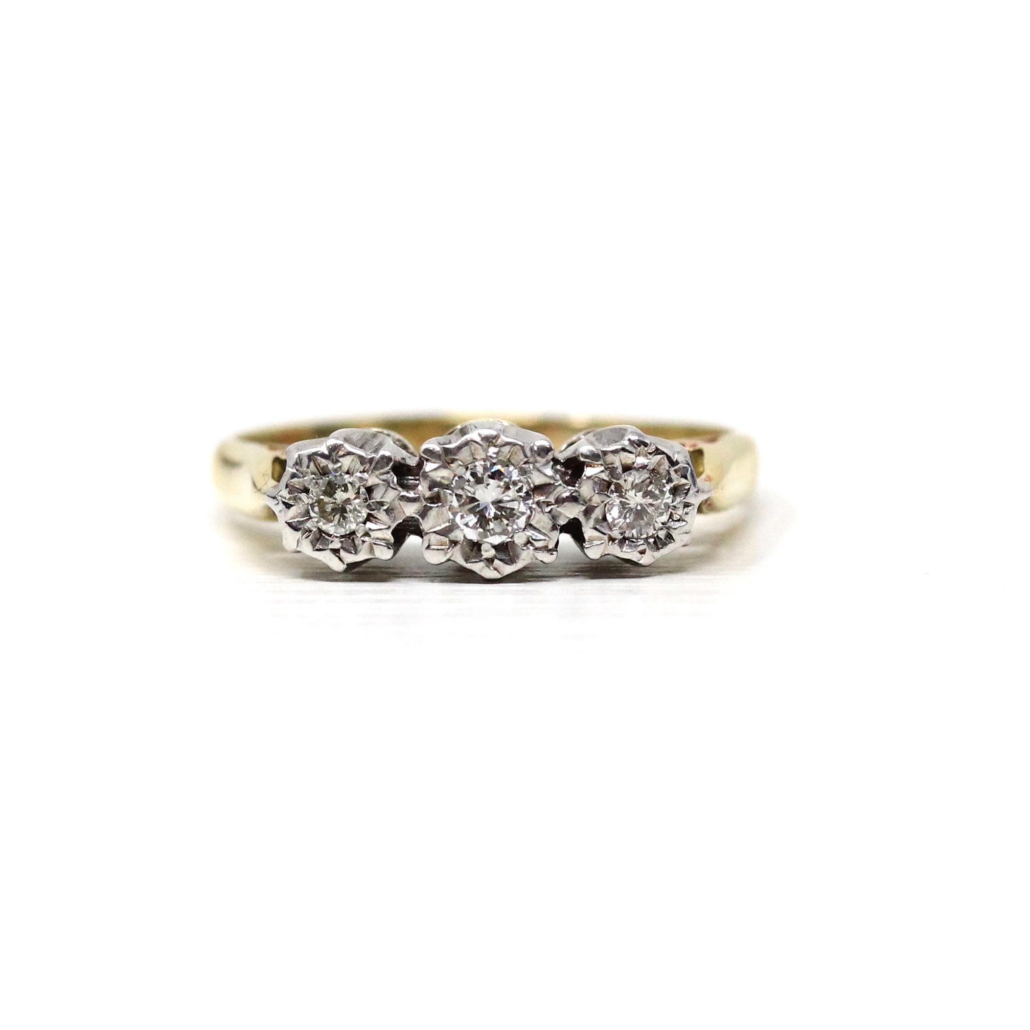 Three Diamond Ring - Retro Era 18k Yellow & White Gold Two Tone Engagement Band - Circa 1970s Size 5 1/4 Fine Star Incised Bridal Jewelry