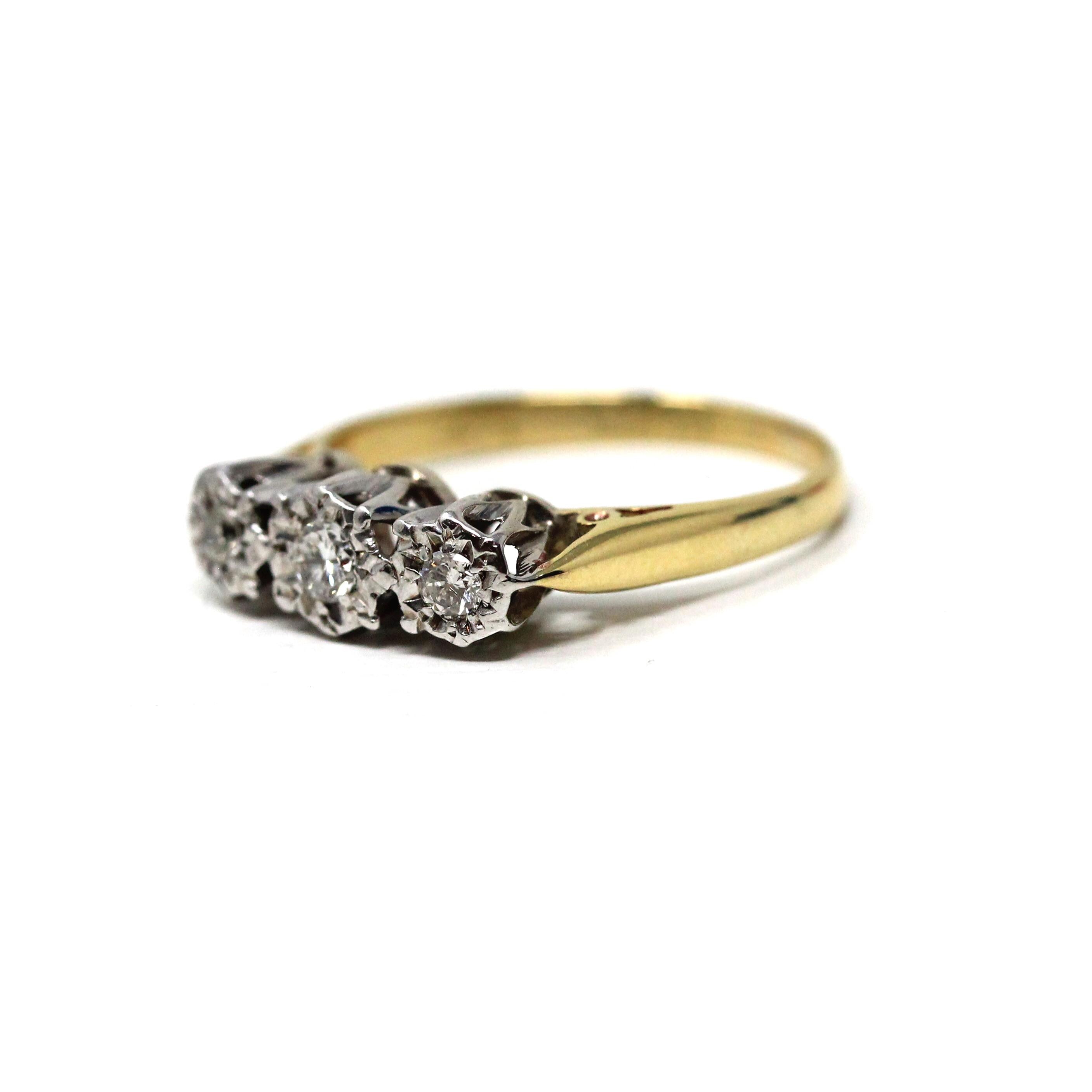 Three Diamond Ring - Retro Era 18k Yellow & White Gold Two Tone Engagement Band - Circa 1970s Size 5 1/4 Fine Star Incised Bridal Jewelry
