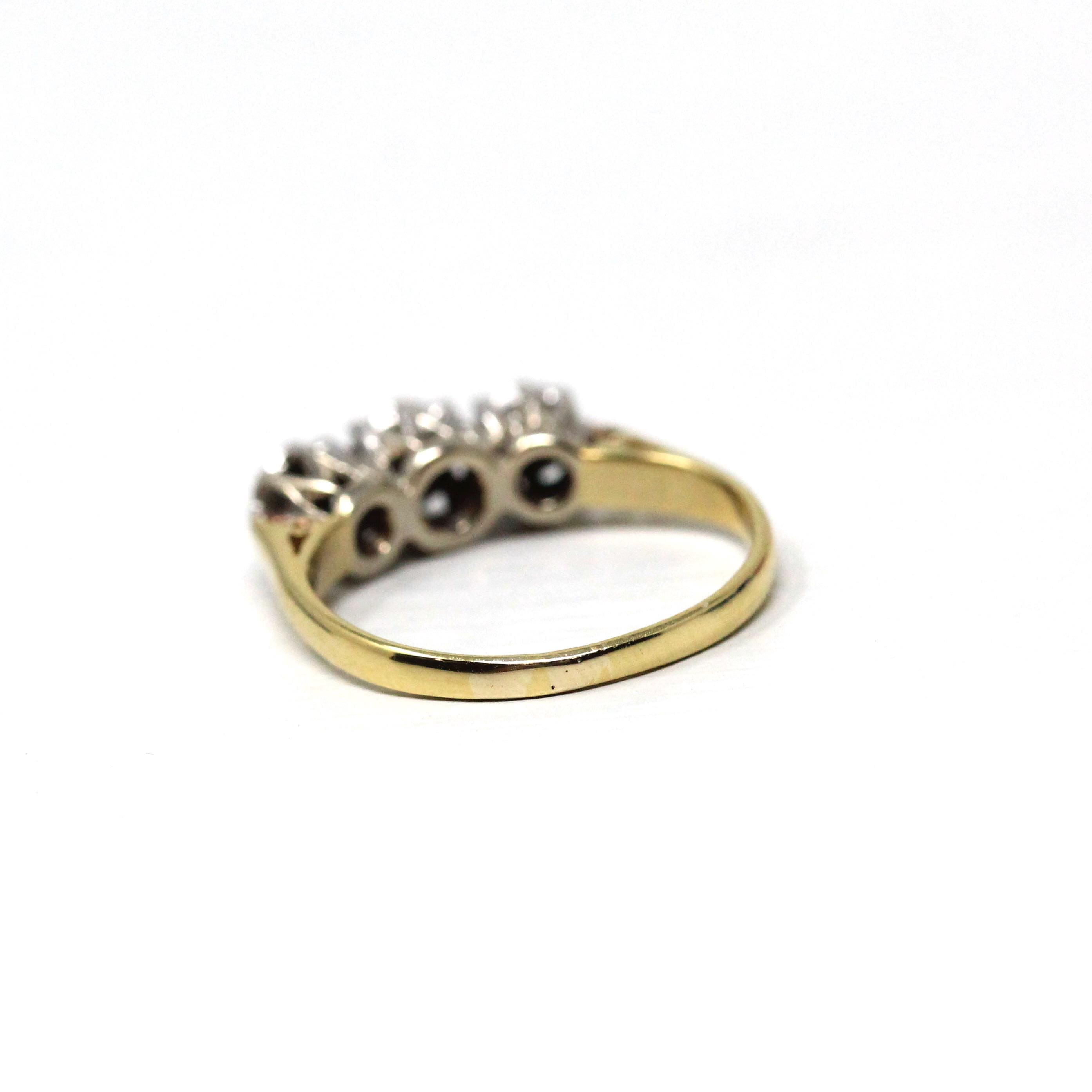 Three Diamond Ring - Retro Era 18k Yellow & White Gold Two Tone Engagement Band - Circa 1970s Size 5 1/4 Fine Star Incised Bridal Jewelry