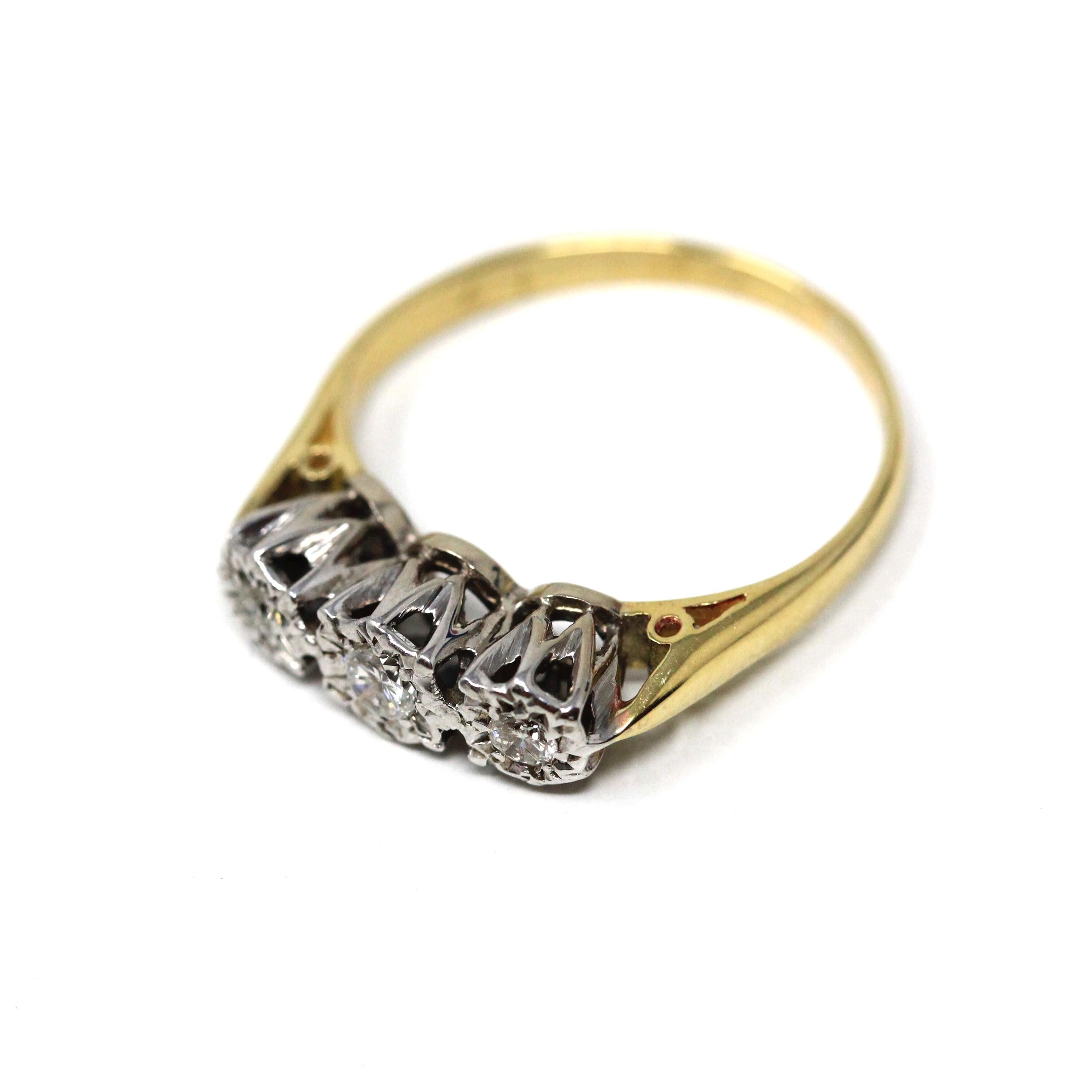 Three Diamond Ring - Retro Era 18k Yellow & White Gold Two Tone Engagement Band - Circa 1970s Size 5 1/4 Fine Star Incised Bridal Jewelry