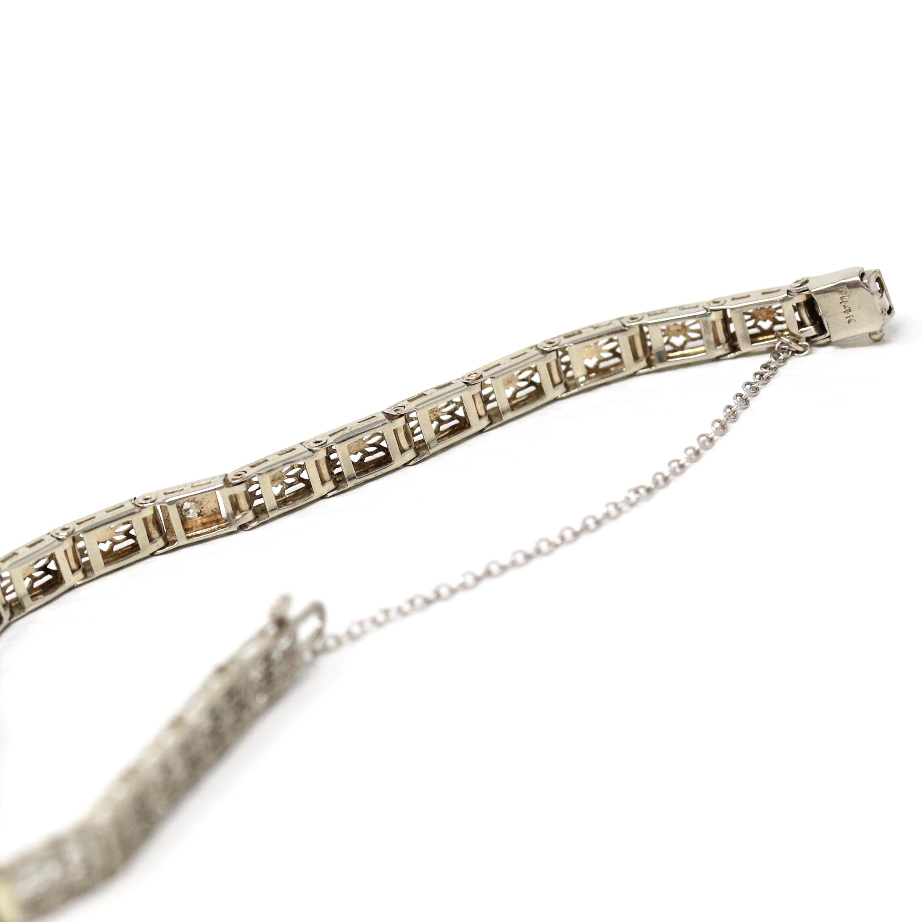 Art Deco Bracelet - Vintage 14k White Gold Flower Filigree .06 CTW Diamonds - Circa 1930s Line Tennis Style Fashion Accessory Fine Jewelry