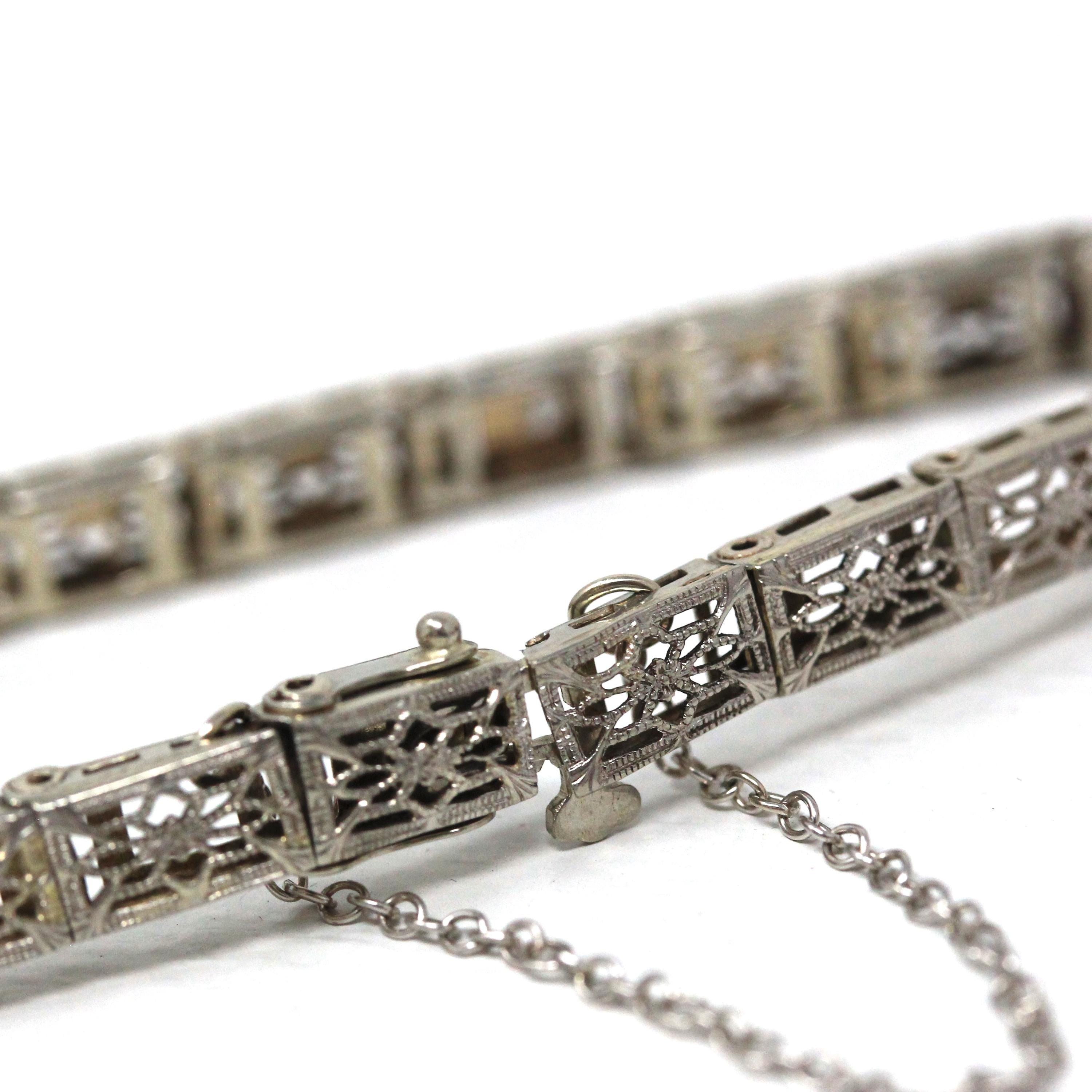Art Deco Bracelet - Vintage 14k White Gold Flower Filigree .06 CTW Diamonds - Circa 1930s Line Tennis Style Fashion Accessory Fine Jewelry