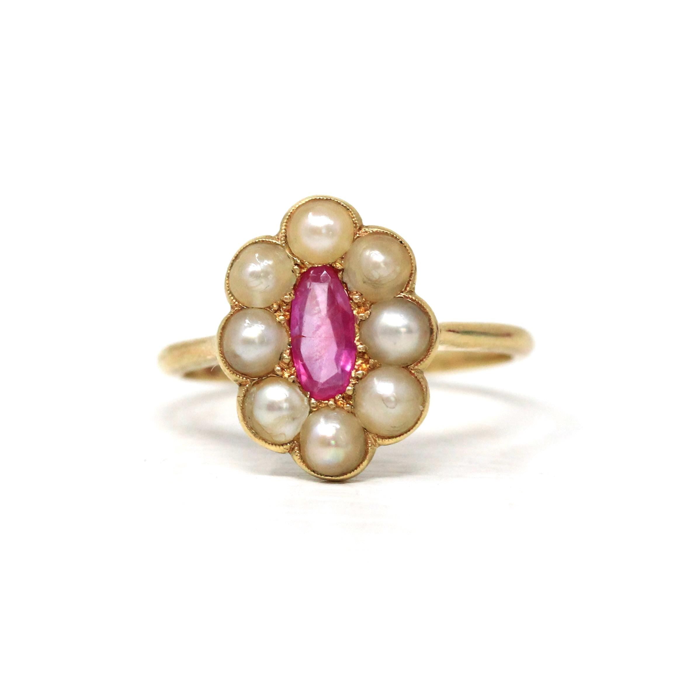 Edwardian Halo Ring - Antique 18k Yellow Gold Natural Pink Sapphire & Cultured Pearls - Circa 1910s Era Size 8 Fine Statement Jewelry