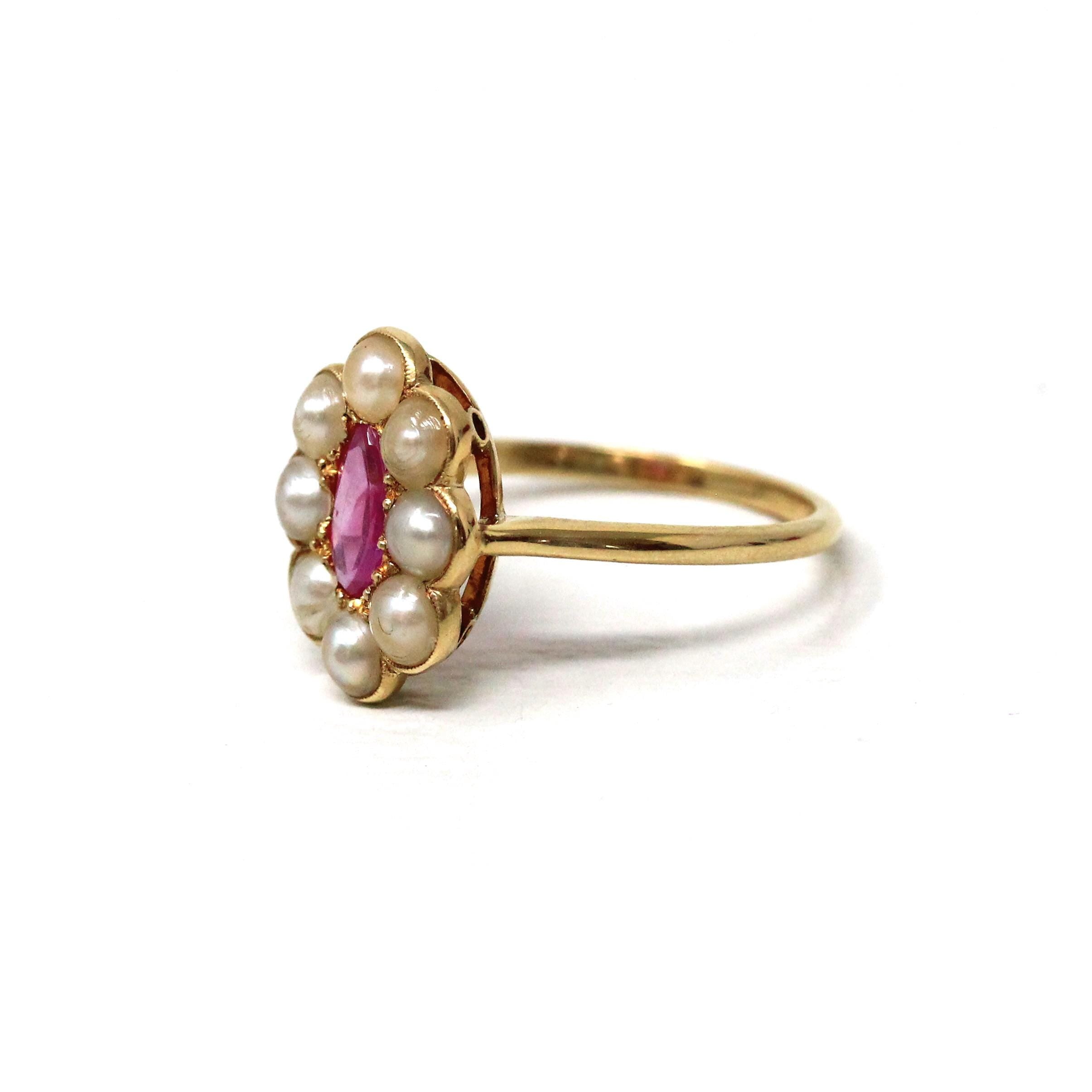 Edwardian Halo Ring - Antique 18k Yellow Gold Natural Pink Sapphire & Cultured Pearls - Circa 1910s Era Size 8 Fine Statement Jewelry