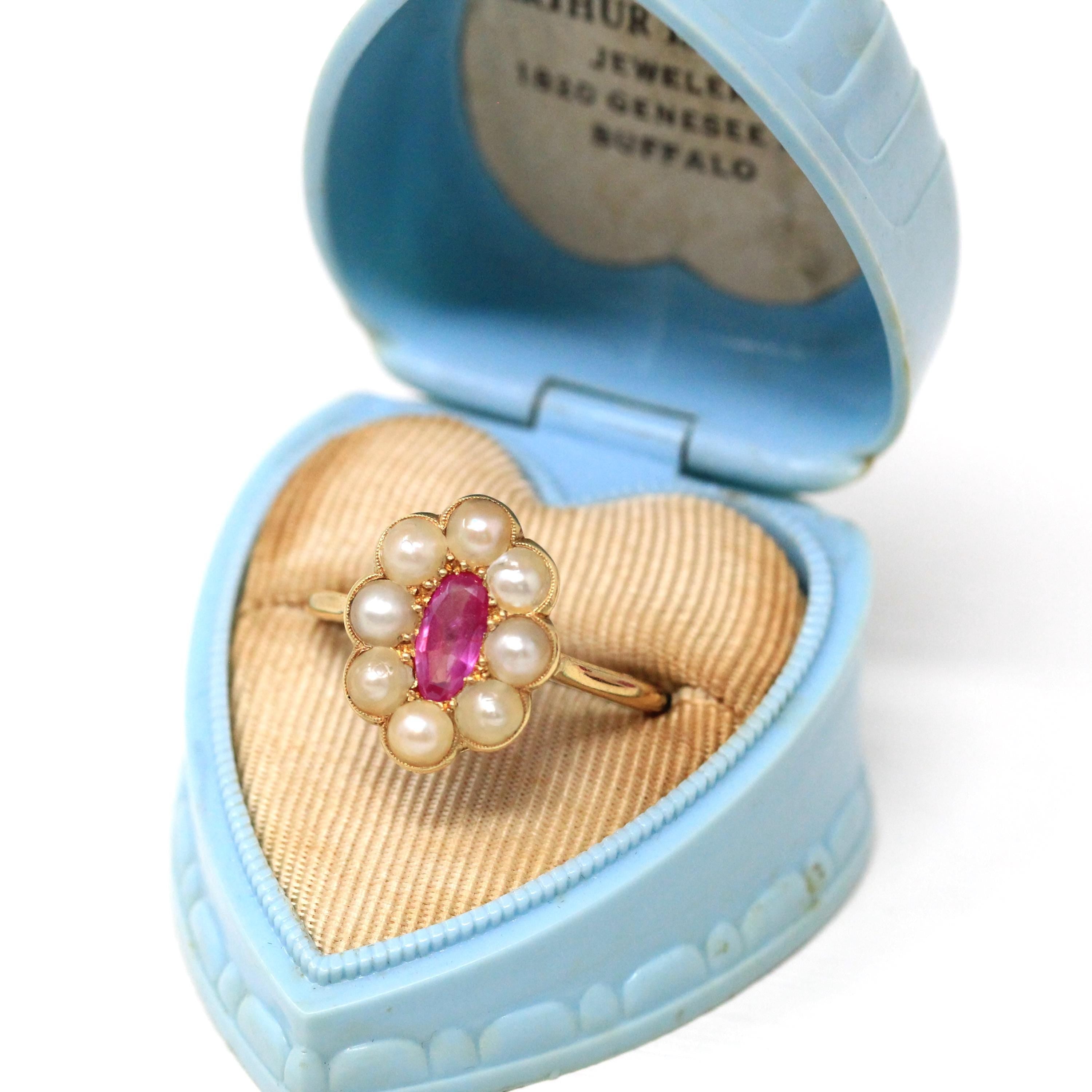 Edwardian Halo Ring - Antique 18k Yellow Gold Natural Pink Sapphire & Cultured Pearls - Circa 1910s Era Size 8 Fine Statement Jewelry