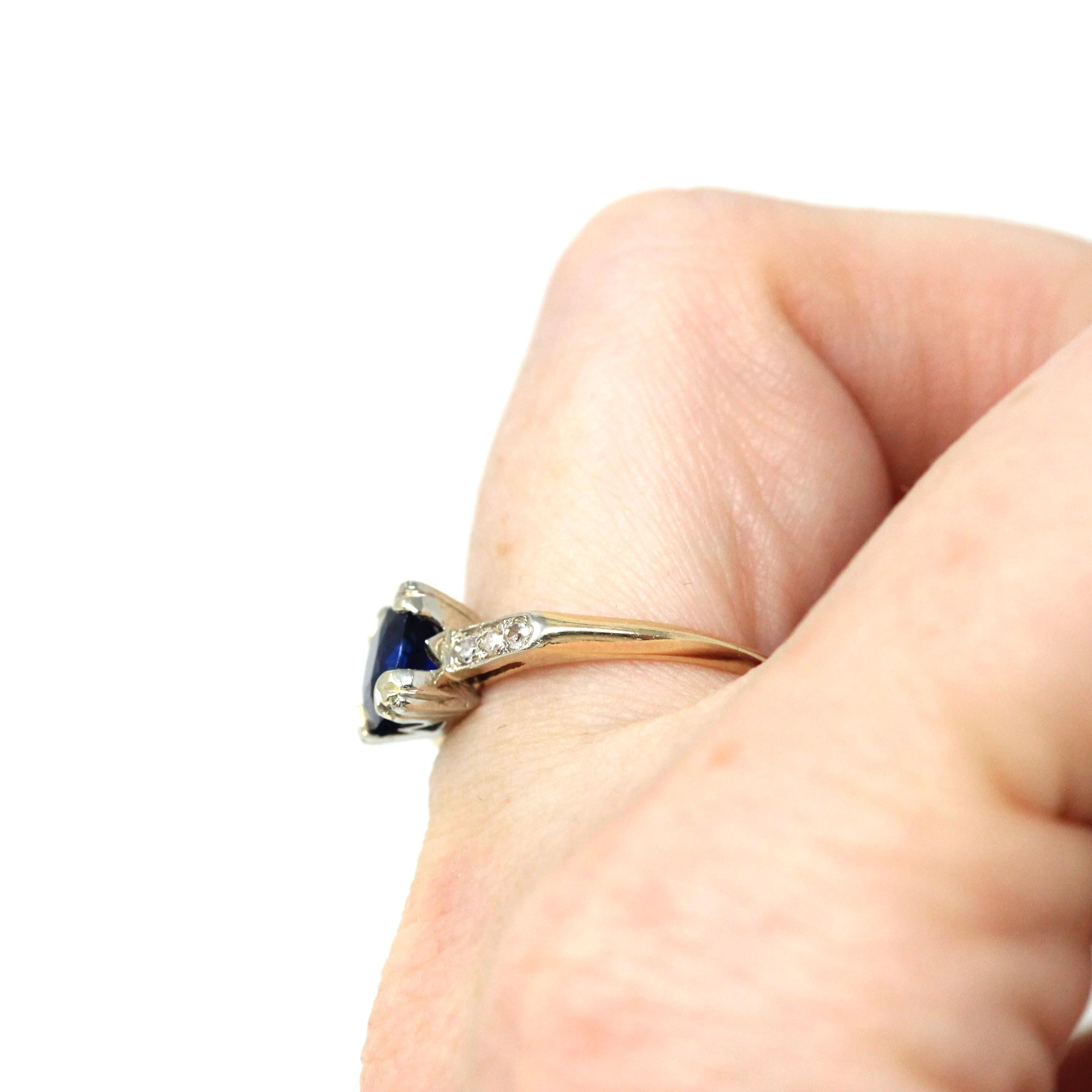 Mid Century Sapphire Engagement Ring - Vintage 14k Yellow White Gold Natural Blue Gemstone Diamonds - Circa 1950s Size 6 1/4 Fine Jewelry