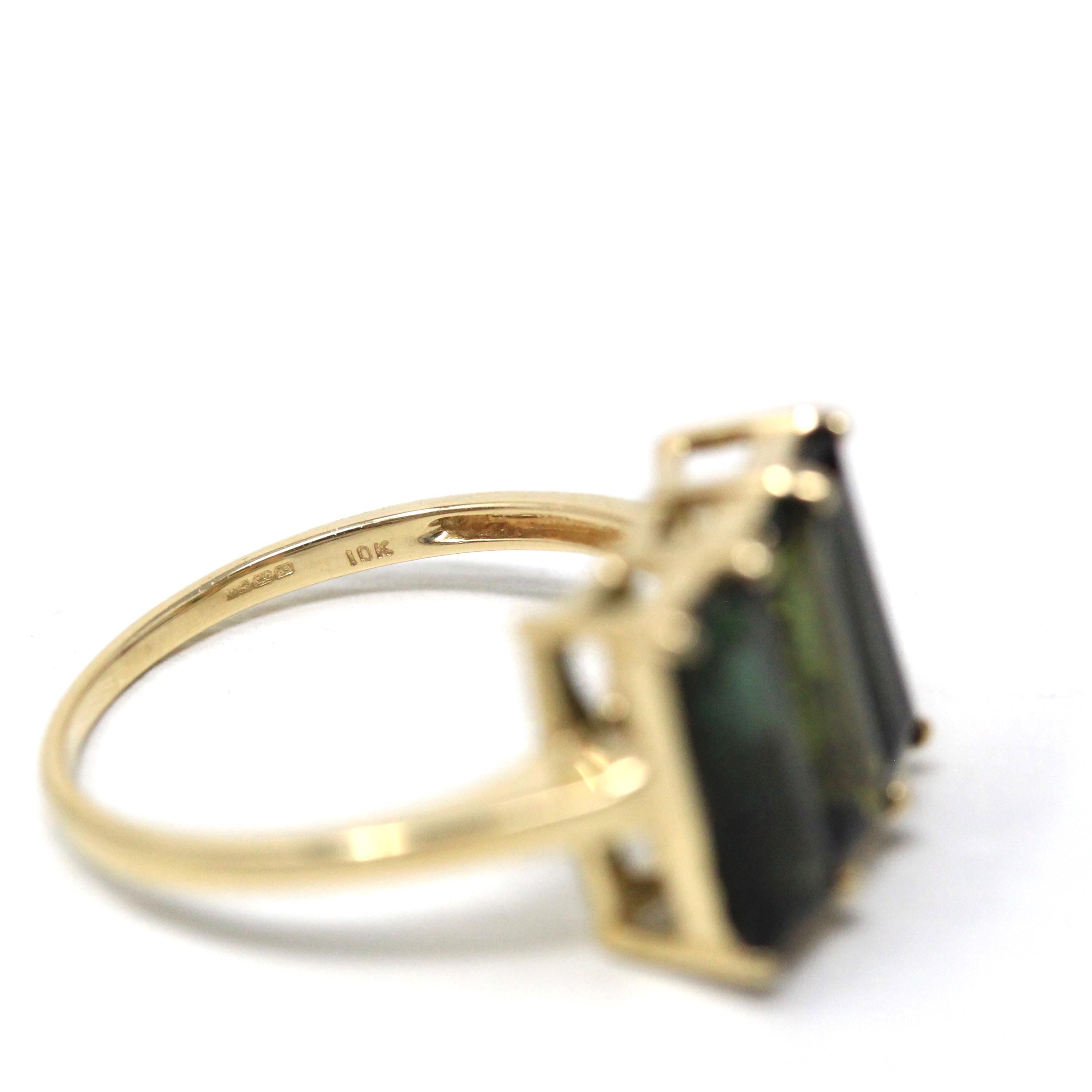 Green Tourmaline Ring - Modern Era 9k Yellow Gold Rectangular Green Gemstones - Estate Hallmarked 2013 Three Stone Size 7 1/4 Fine Jewelry