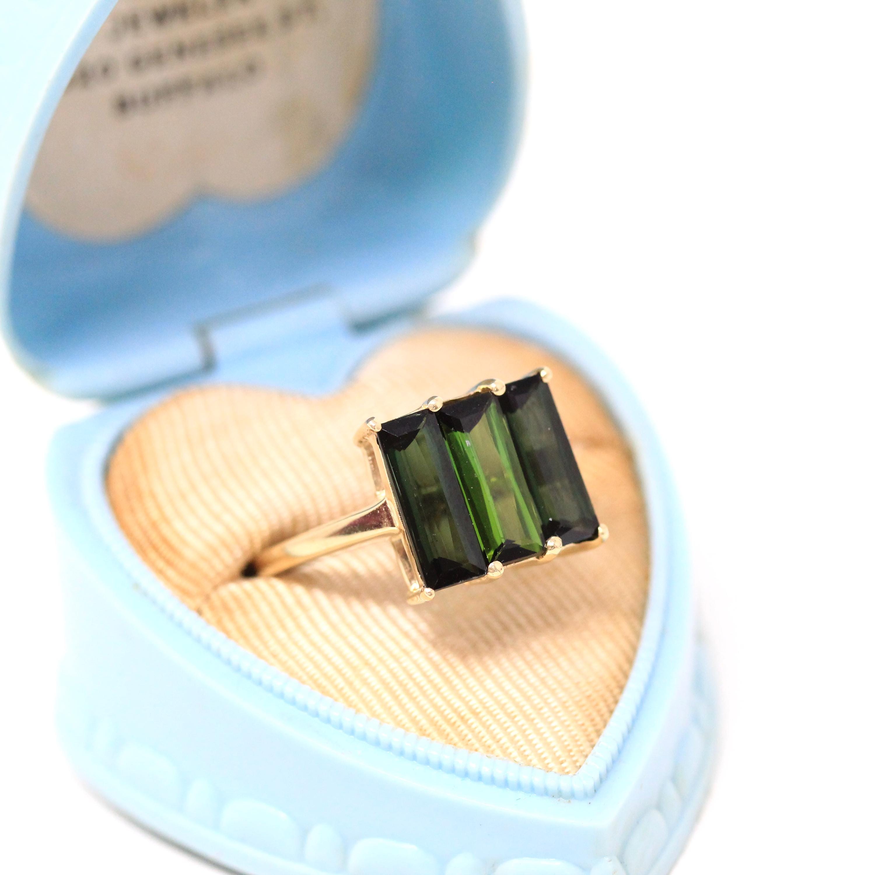 Green Tourmaline Ring - Modern Era 9k Yellow Gold Rectangular Green Gemstones - Estate Hallmarked 2013 Three Stone Size 7 1/4 Fine Jewelry