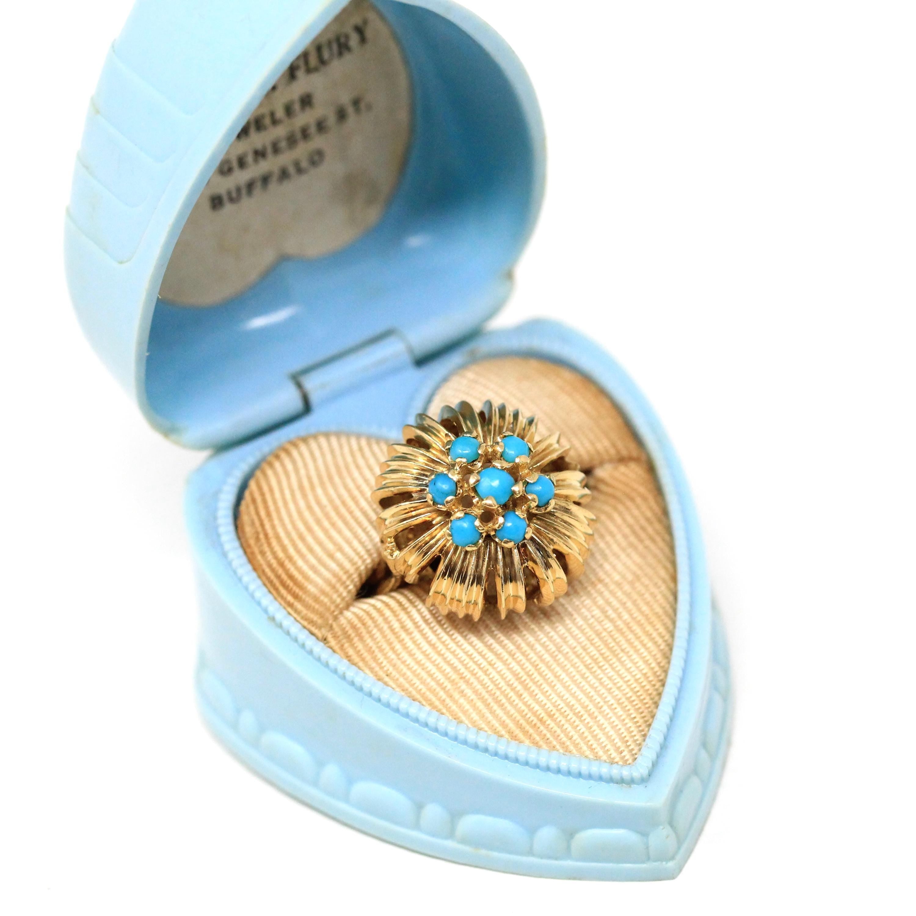 Turquoise Cluster Ring - Vintage 18k Yellow Gold Blue Floral Halo Statement - Retro Era 1960s December Birthstone Domed Flower Fine Jewelry