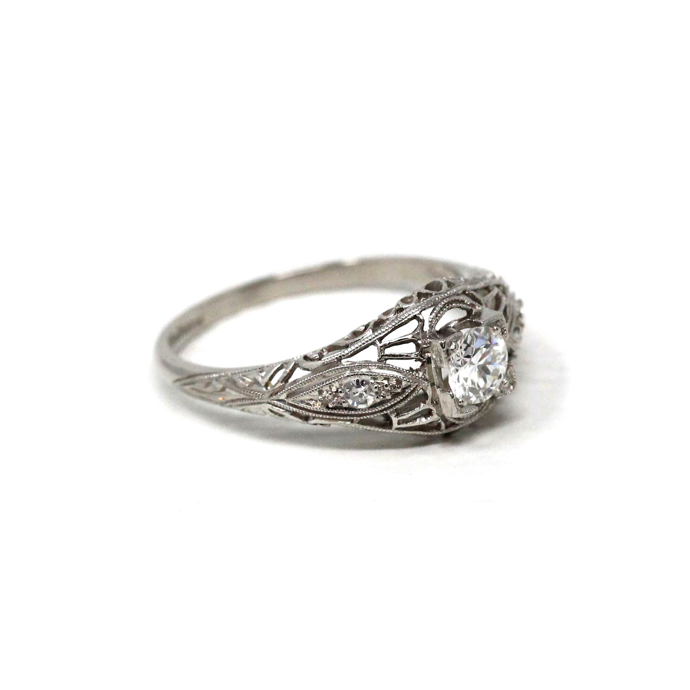 Art Deco Engagement Ring - Platinum Natural .35 CT Transitional Brilliant Cut Diamond - Antique Circa 1920s Era Size 7 Fine Filigree Jewelry