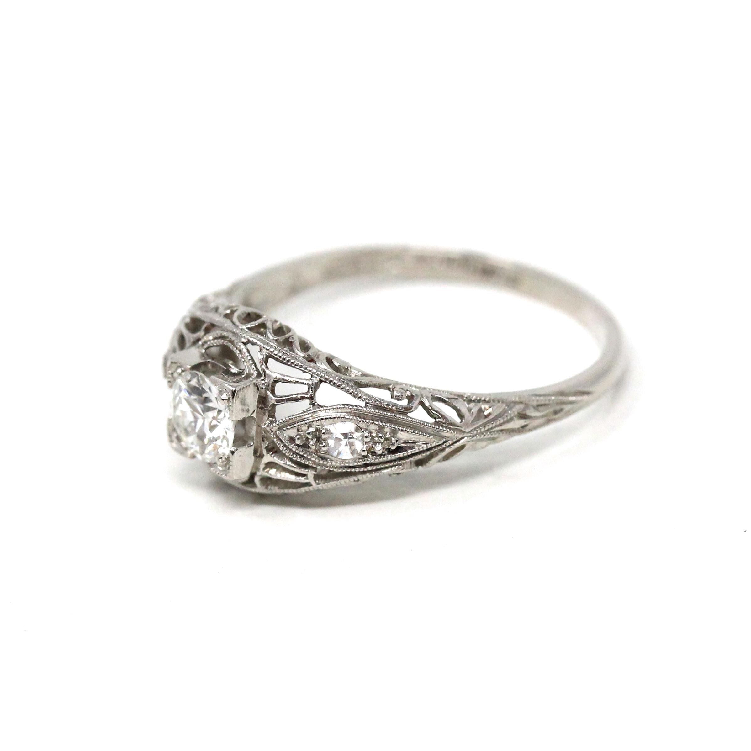 Art Deco Engagement Ring - Platinum Natural .35 CT Transitional Brilliant Cut Diamond - Antique Circa 1920s Era Size 7 Fine Filigree Jewelry