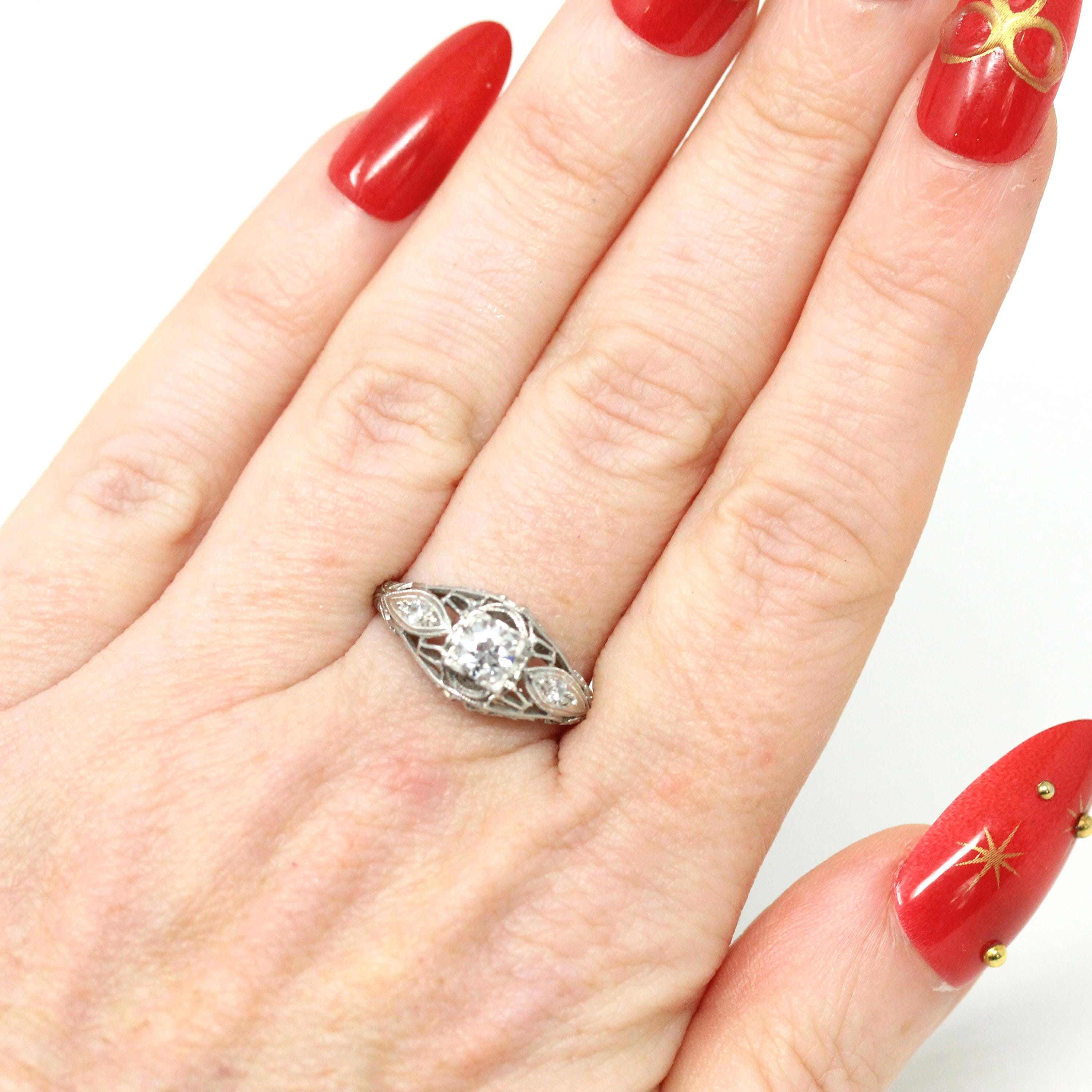 Art Deco Engagement Ring - Platinum Natural .35 CT Transitional Brilliant Cut Diamond - Antique Circa 1920s Era Size 7 Fine Filigree Jewelry