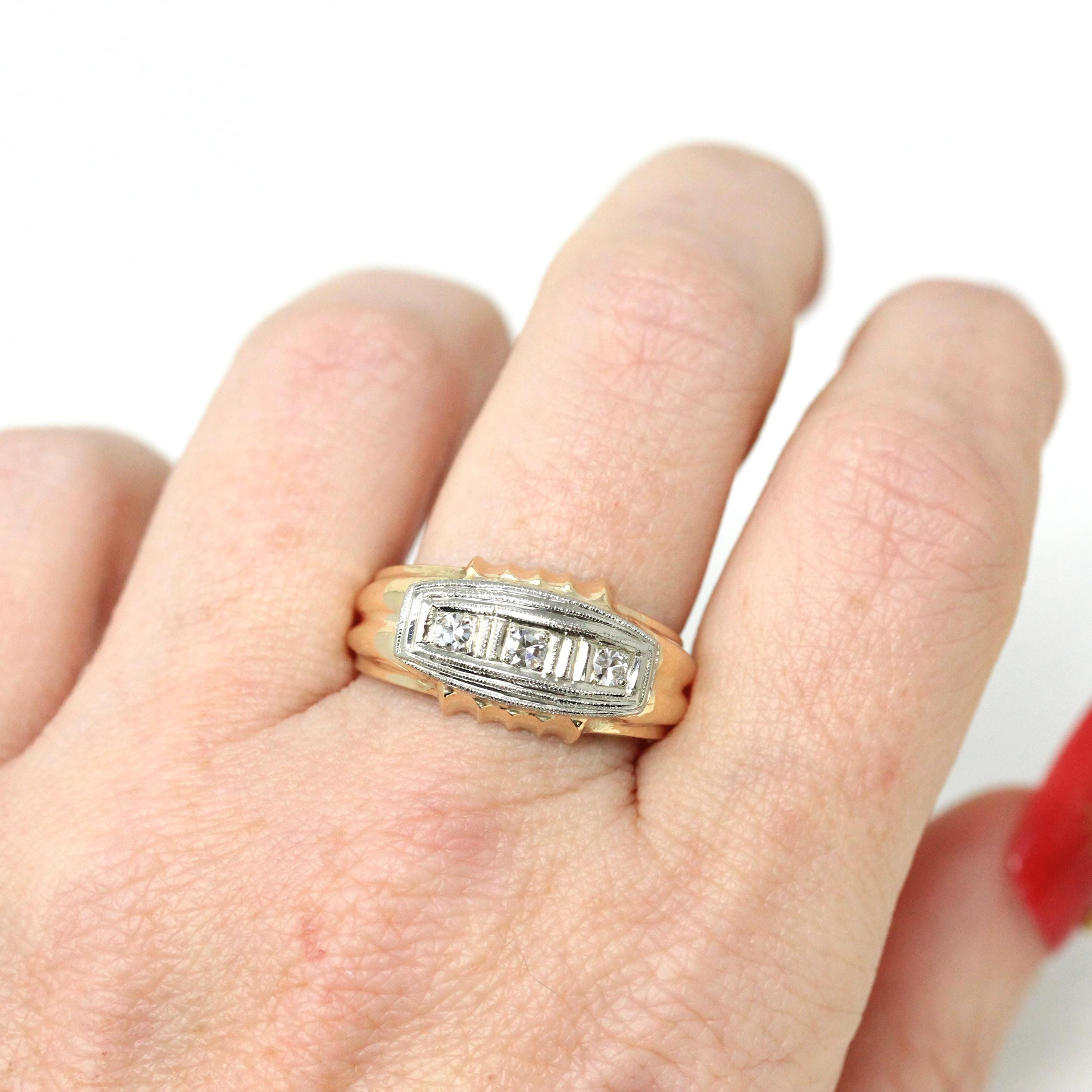Vintage Diamond Ring - Mid Century Era 14k Yellow & White Gold Unisex Mens Band - Circa 1940s Size 9 Two Tone Engagement Bridal Fine Jewelry