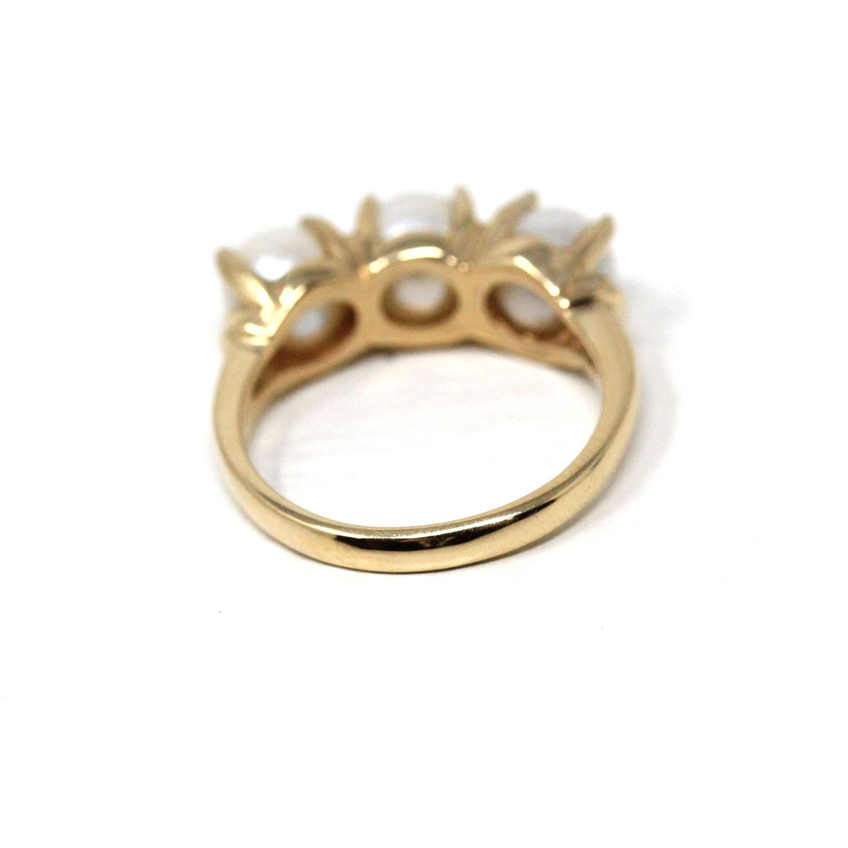 Three Stone Pearl Ring - Vintage 14k Yellow Gold Organic Cultured Gemstone Band - Modern Circa 1990s Era Size 6 June Birthstone Fine Jewelry