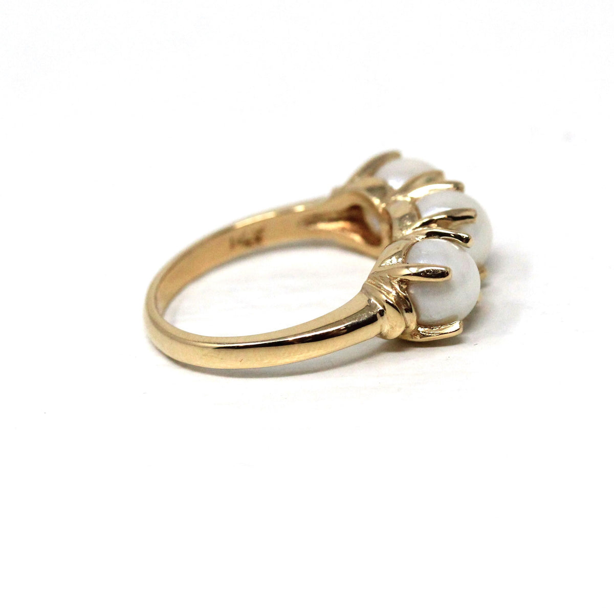 Three Stone Pearl Ring - Vintage 14k Yellow Gold Organic Cultured Gemstone Band - Modern Circa 1990s Era Size 6 June Birthstone Fine Jewelry
