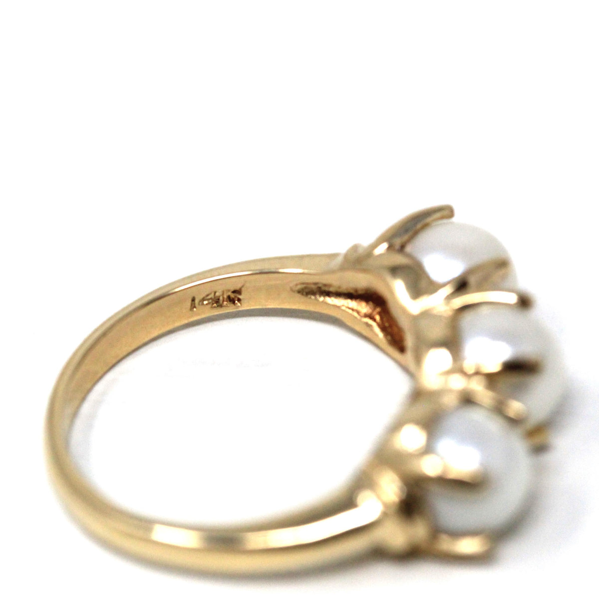 Three Stone Pearl Ring - Vintage 14k Yellow Gold Organic Cultured Gemstone Band - Modern Circa 1990s Era Size 6 June Birthstone Fine Jewelry