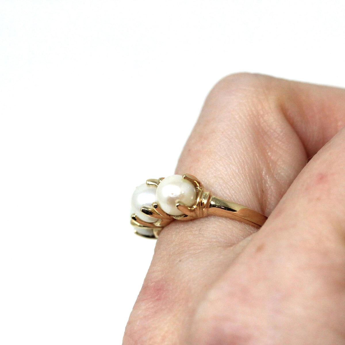 Three Stone Pearl Ring - Vintage 14k Yellow Gold Organic Cultured Gemstone Band - Modern Circa 1990s Era Size 6 June Birthstone Fine Jewelry