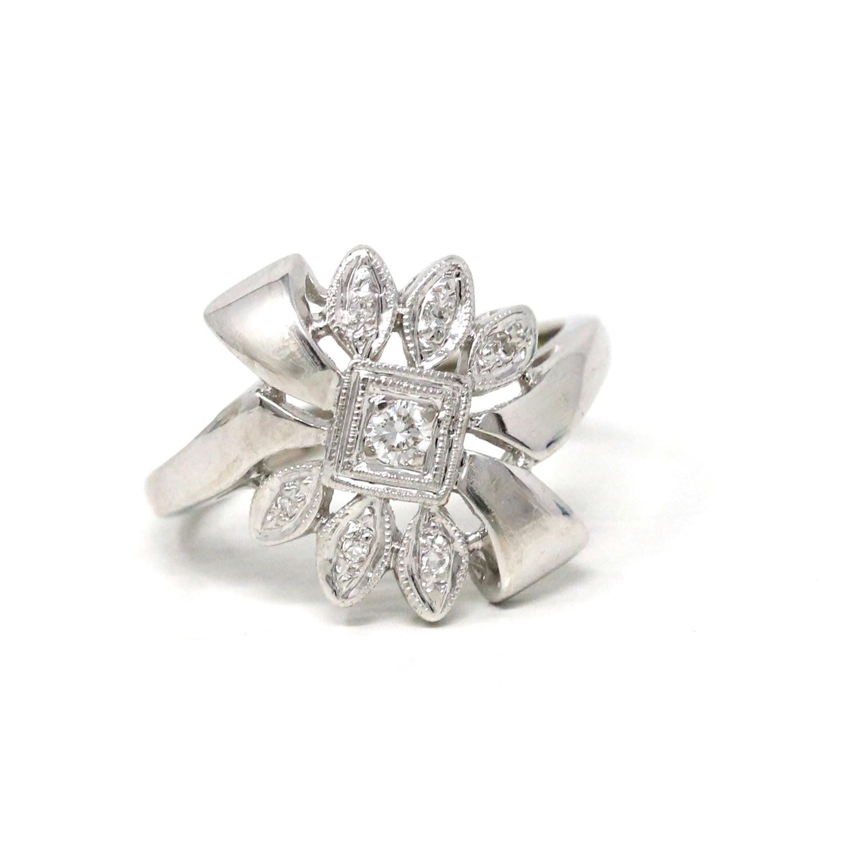 Diamond Bow Ring - Mid Century Era 14k White Gold Natural Gems Cocktail Statement - Vintage 1950s Size 5.25 Cluster Leaf Floral Fine Jewelry