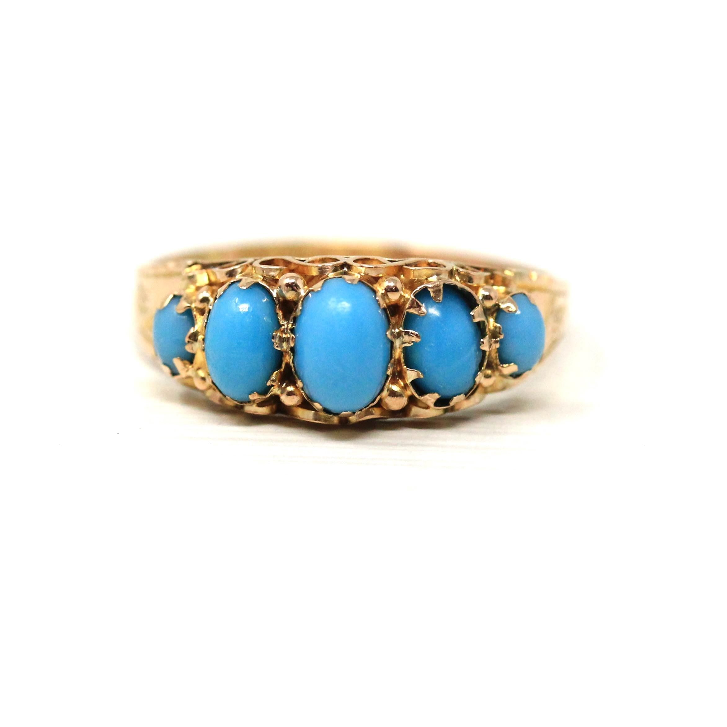 Antique Edwardian Ring - English 9k Yellow Gold Graduated Simulated Turquoise Band - Hallmarked 1915 Era Size 7 1/2 Blue Stones Fine Jewelry
