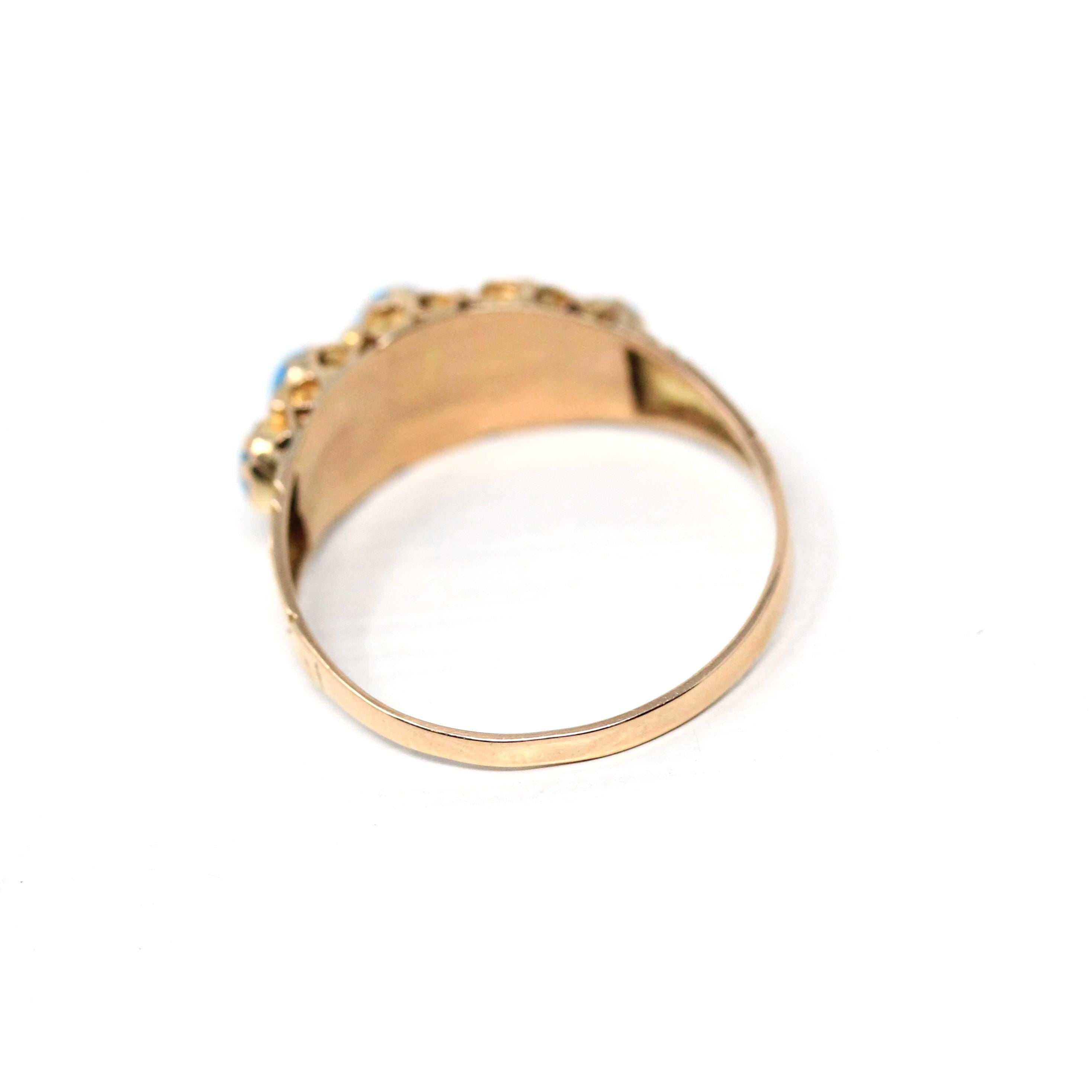 Antique Edwardian Ring - English 9k Yellow Gold Graduated Simulated Turquoise Band - Hallmarked 1915 Era Size 7 1/2 Blue Stones Fine Jewelry