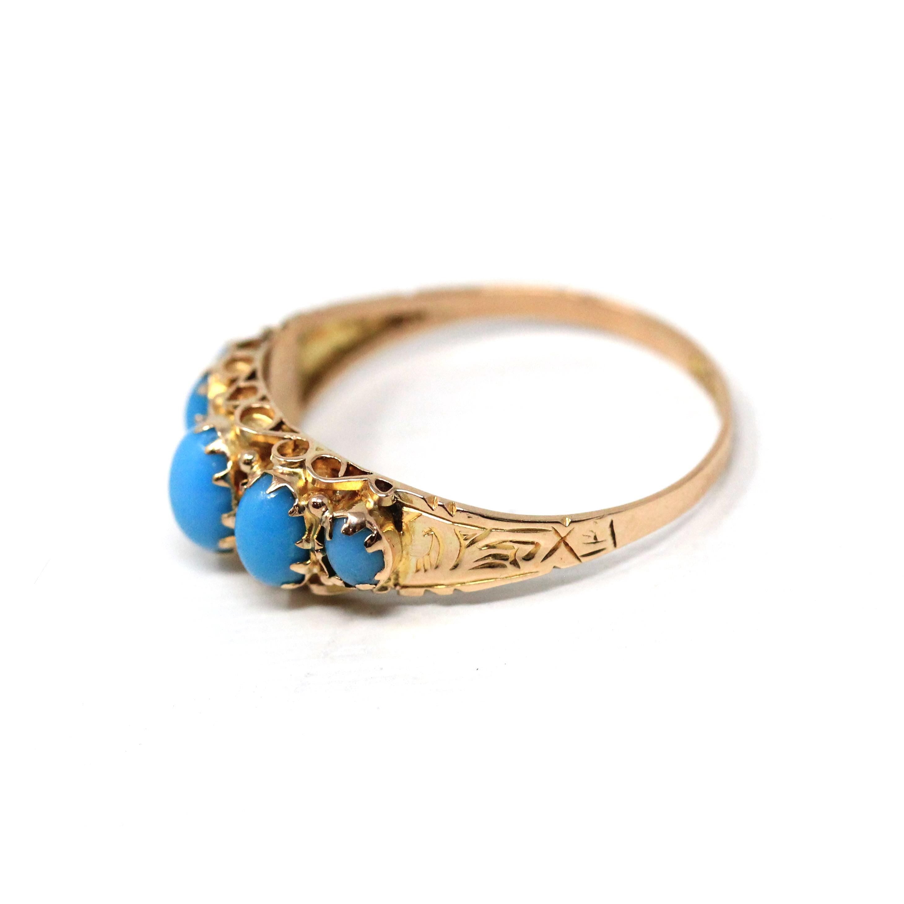 Antique Edwardian Ring - English 9k Yellow Gold Graduated Simulated Turquoise Band - Hallmarked 1915 Era Size 7 1/2 Blue Stones Fine Jewelry