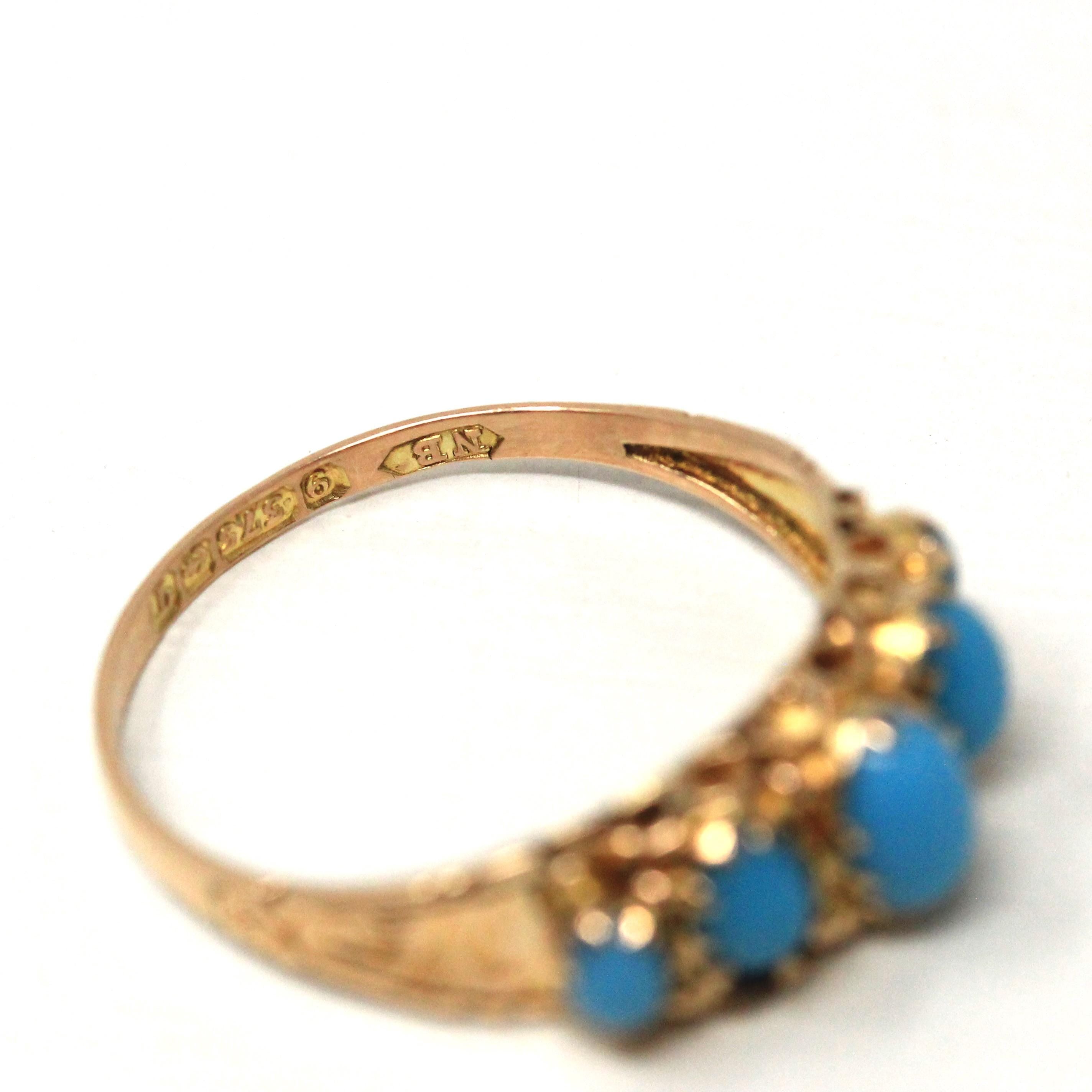 Antique Edwardian Ring - English 9k Yellow Gold Graduated Simulated Turquoise Band - Hallmarked 1915 Era Size 7 1/2 Blue Stones Fine Jewelry