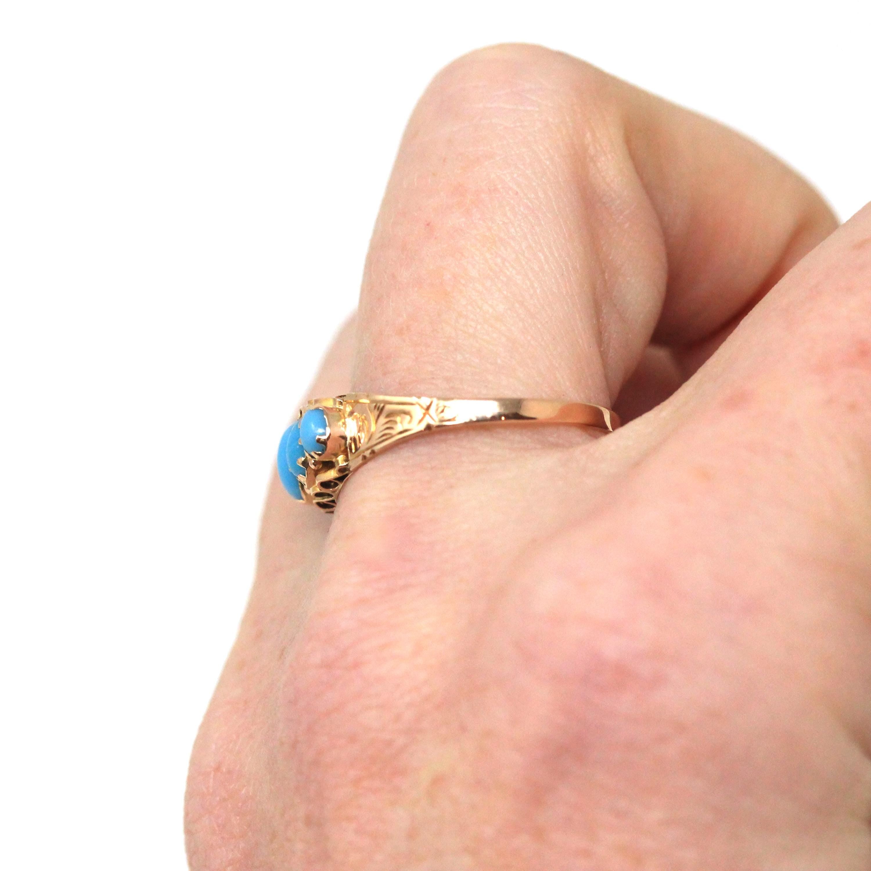 Antique Edwardian Ring - English 9k Yellow Gold Graduated Simulated Turquoise Band - Hallmarked 1915 Era Size 7 1/2 Blue Stones Fine Jewelry