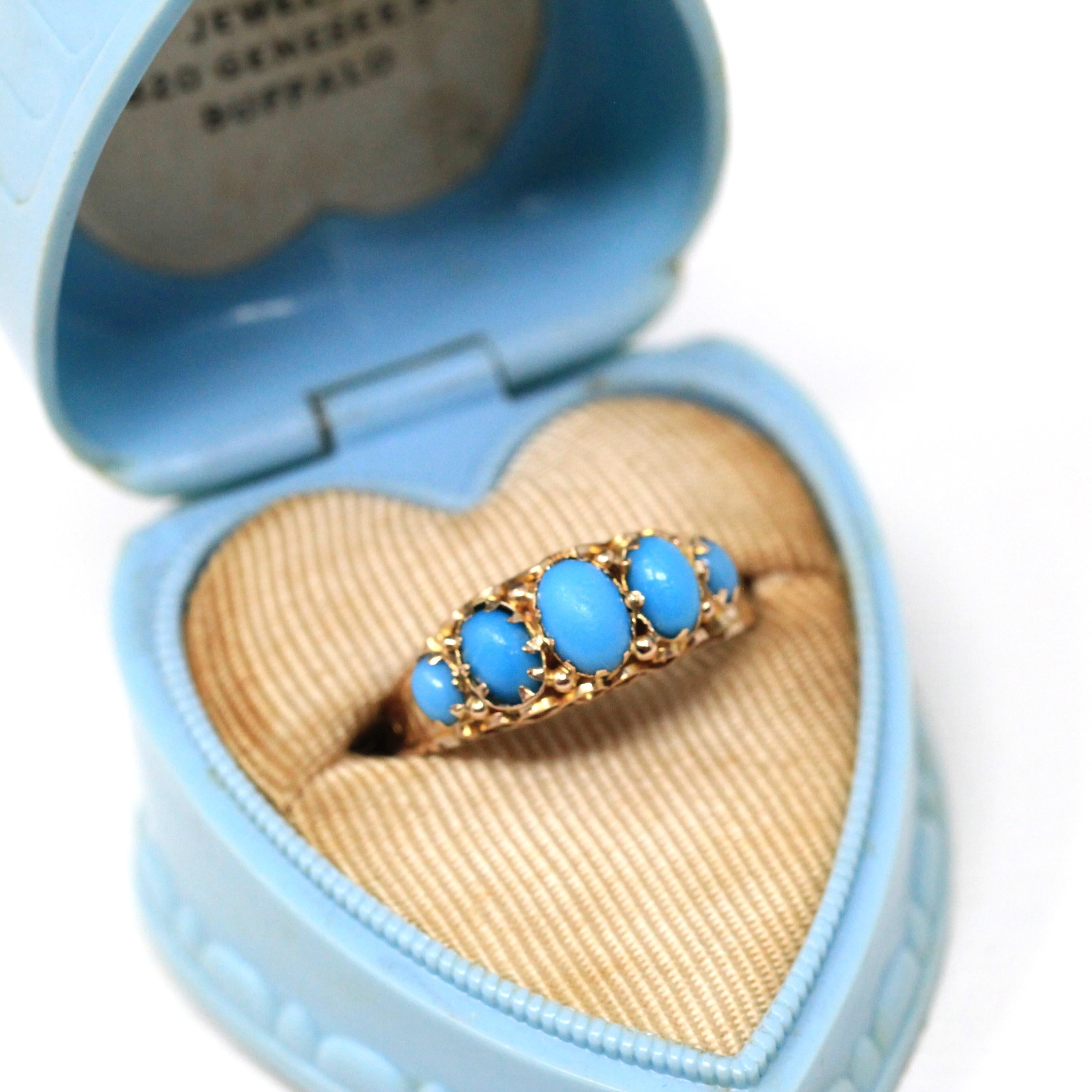 Antique Edwardian Ring - English 9k Yellow Gold Graduated Simulated Turquoise Band - Hallmarked 1915 Era Size 7 1/2 Blue Stones Fine Jewelry