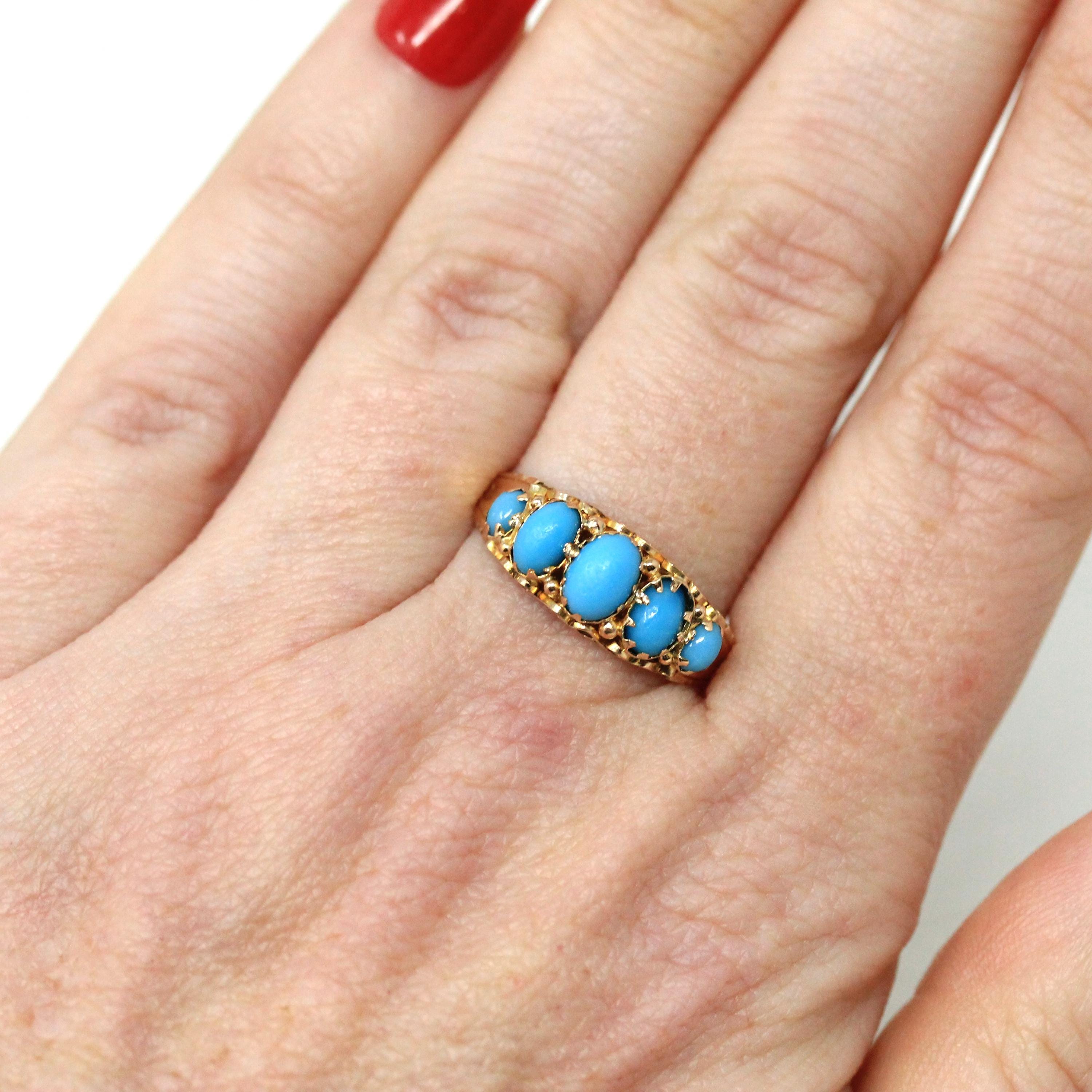 Antique Edwardian Ring - English 9k Yellow Gold Graduated Simulated Turquoise Band - Hallmarked 1915 Era Size 7 1/2 Blue Stones Fine Jewelry