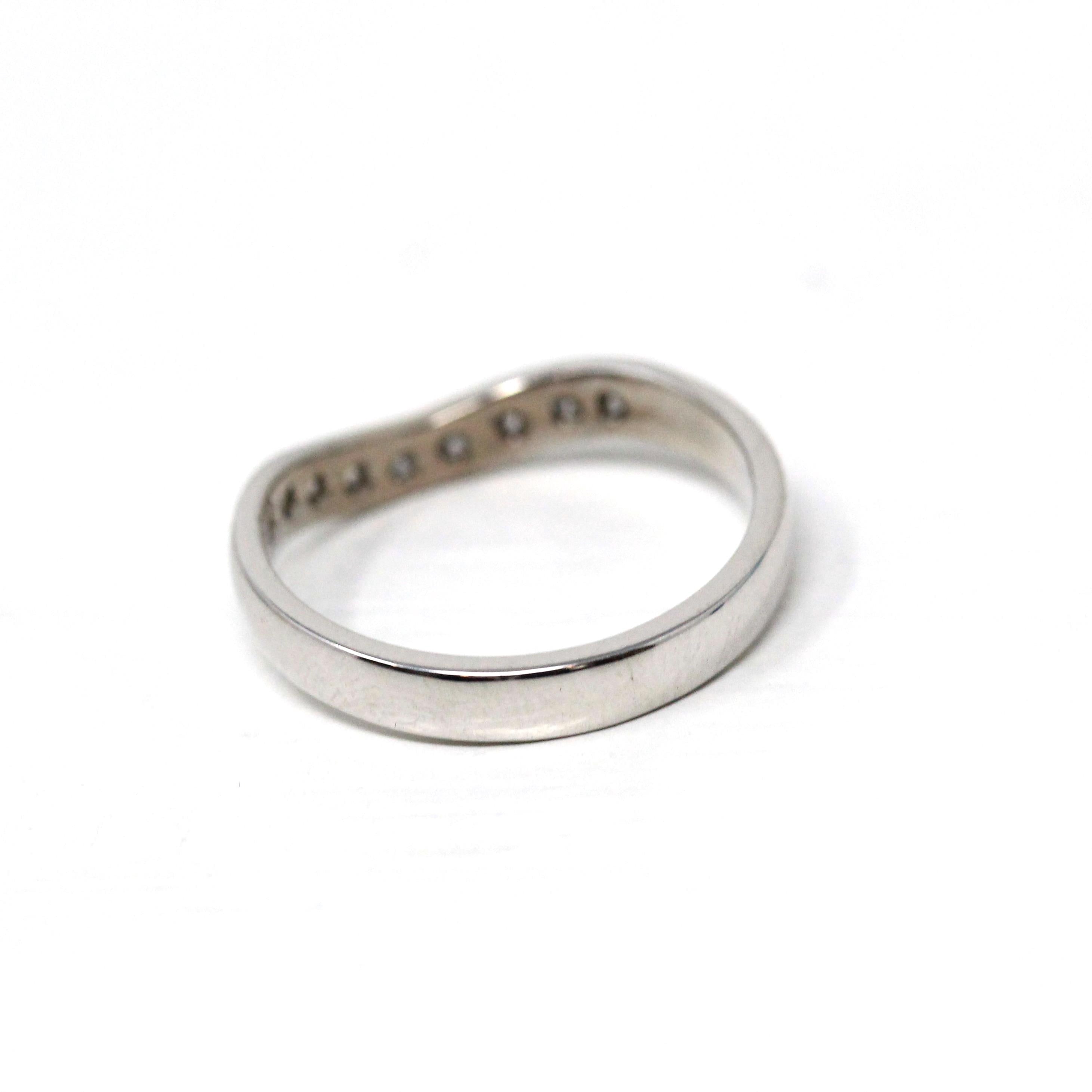 Curved Diamond Band - Modern Era 18k White Gold Natural Gemstones Wedding Ring - Estate Circa 2000's Size 6 1/2 Bridal Stacking Fine Jewelry