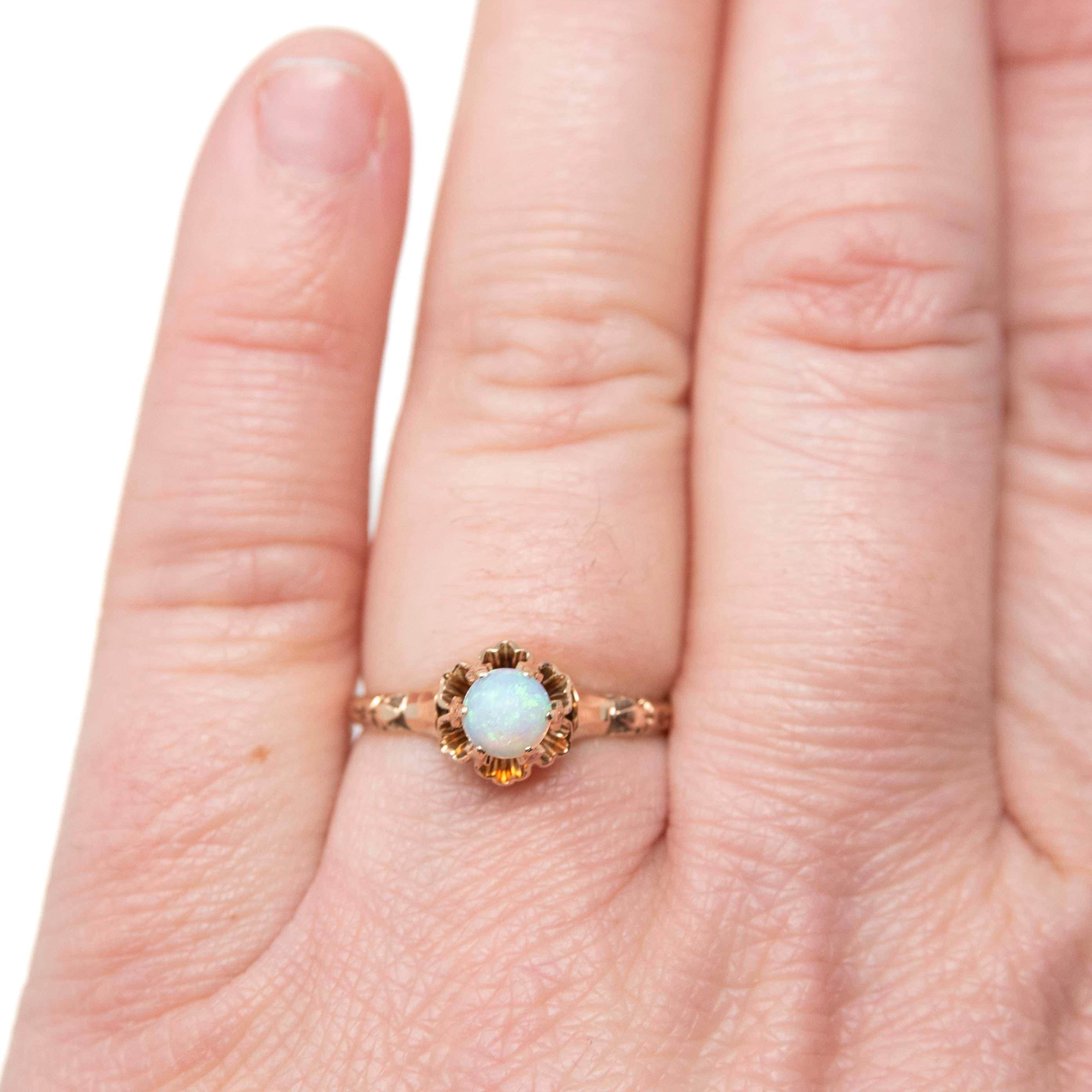 Victorian Opal Ring - Antique 10k Rosy Yellow Gold Natural Gem Solitaire - Late 1800s Size 7.5 Fine 19th Century October Birthstone Jewelry