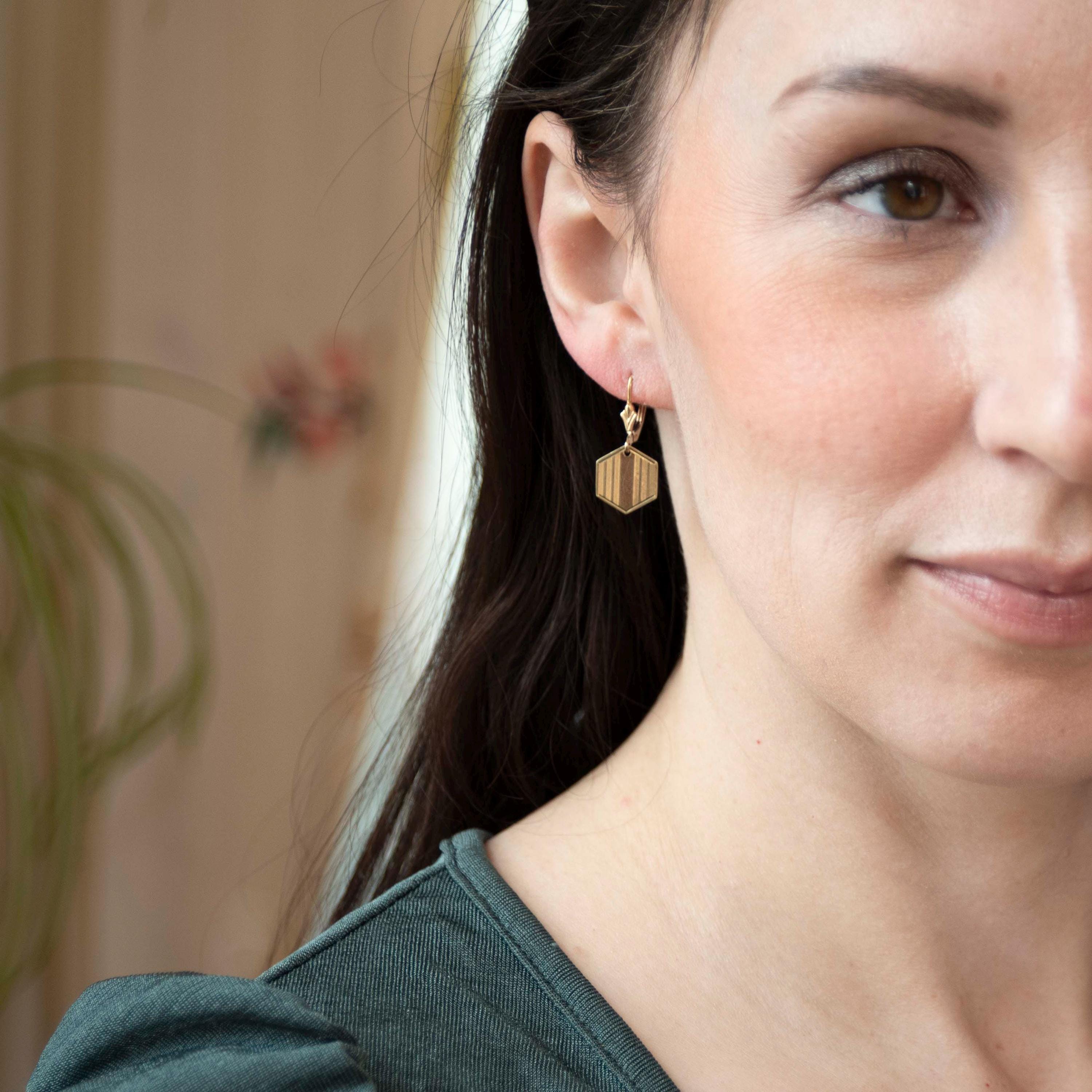 Antique Hexagon Earrings - Edwardian 14k Yellow Gold Dangle Drop Wire Leverback - Vintage 1910s Cufflink Conversion Geometric Fine Jewelry