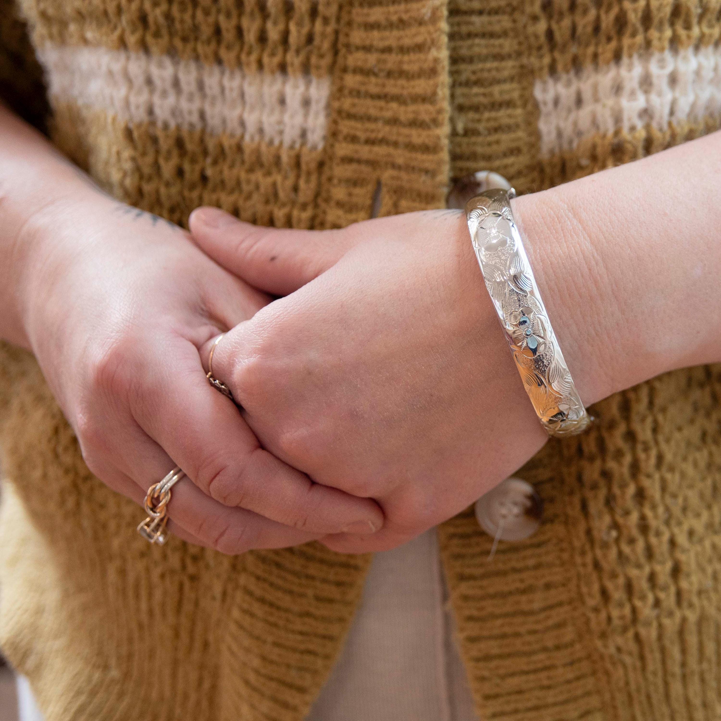 Vintage Flower Bangle - Retro Sterling Silver Hollow Floral Design 7 Inch Bracelet - Circa 1960s Era Fine Nature Inspired Fashion Jewelry