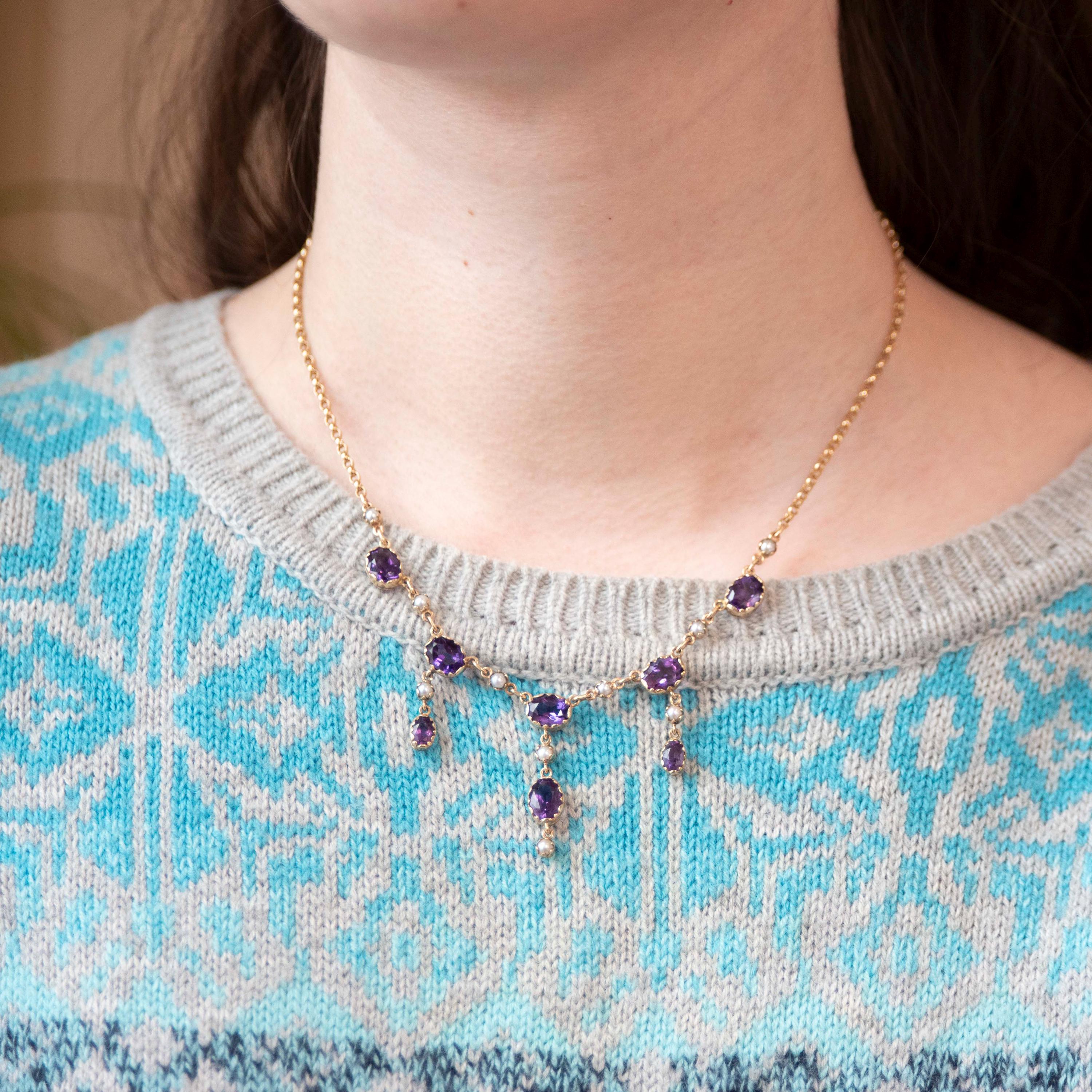 Amethyst Festoon Necklace - Modern Estate 9k Yellow Gold Natural Purple Gemstones - Circa 1990s Victorian Style Dangling Fringe Fine Jewelry