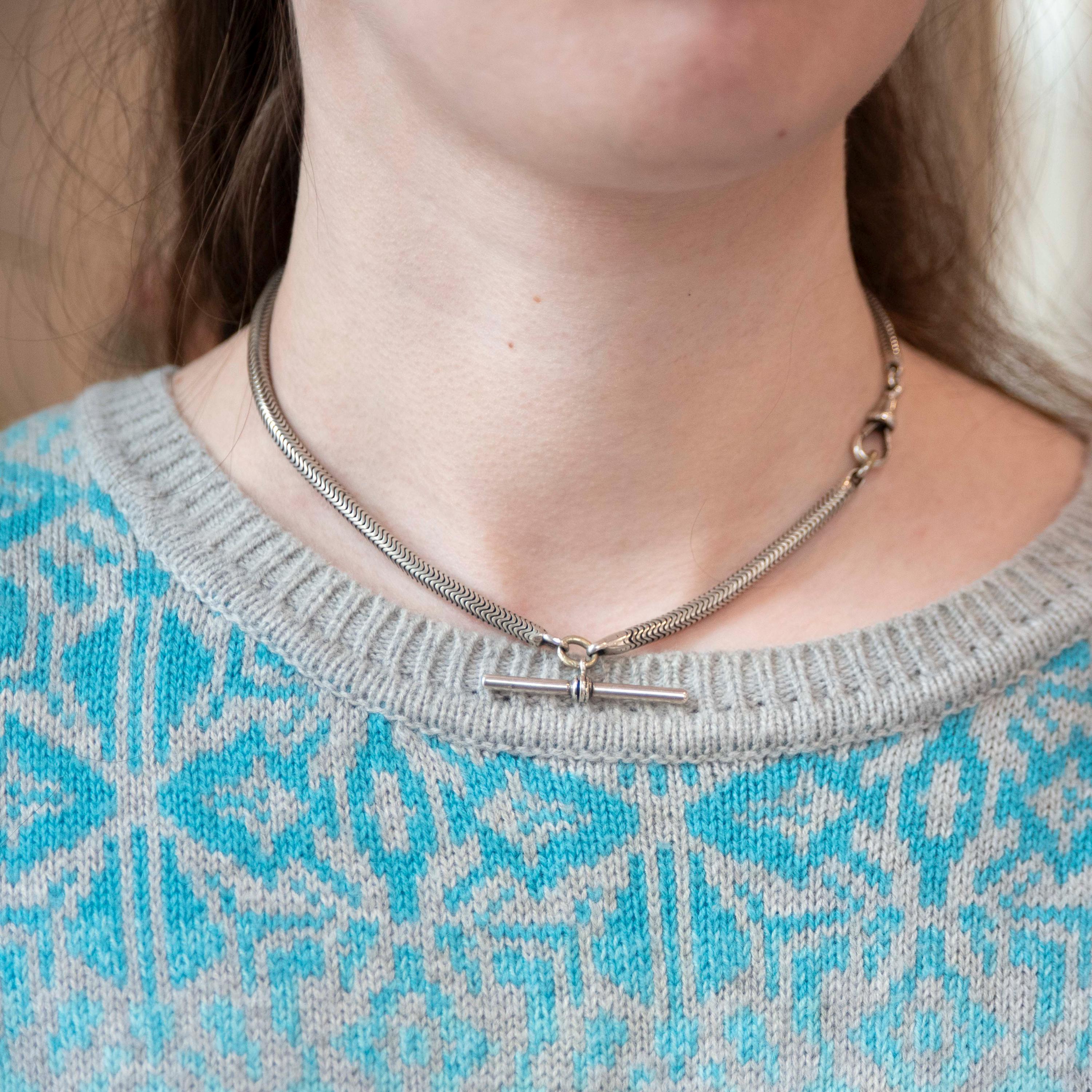 Antique Pocket Watch Chain - Sterling Silver Snake Chain T Bar Dog Clip Clasp - Victorian Circa 1890s Unisex Necklace Charm Holder Jewelry