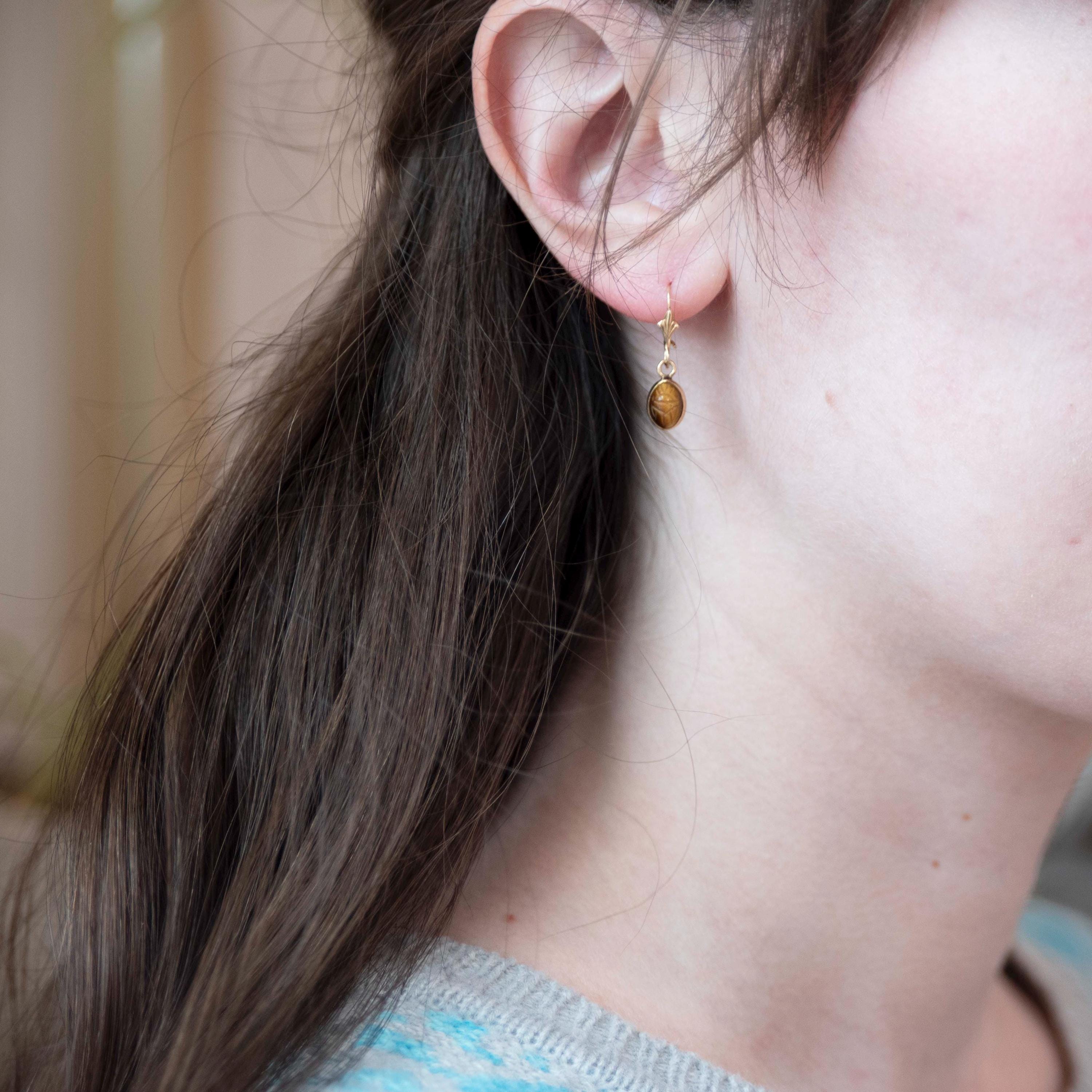 Tiger's Eye Earrings - Retro 14k Yellow Gold Natural Carved Gemstones Wire Backs - Vintage Circa 1960s Era Egyptian Revival Fine 60s Jewelry