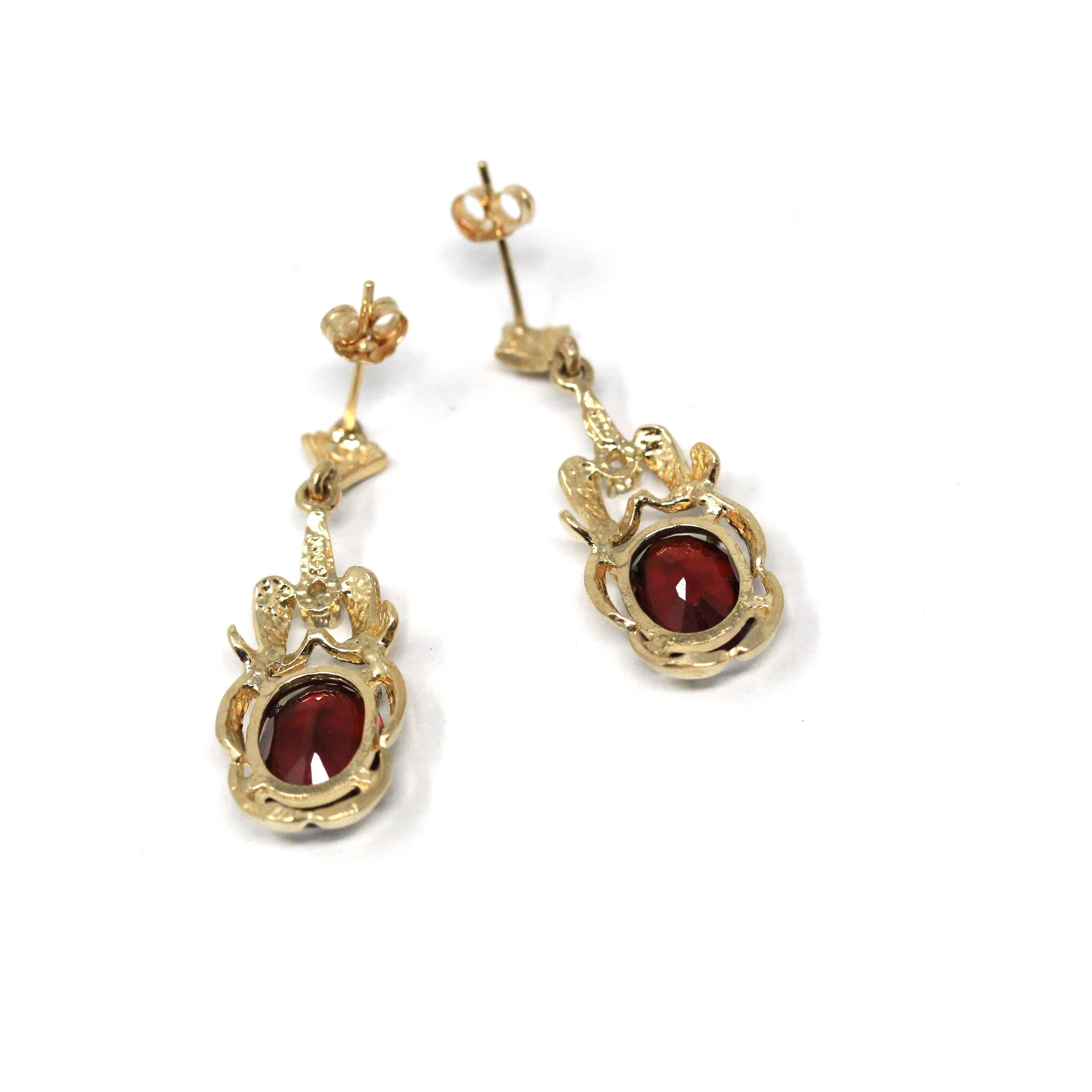 Garnet & Diamond Earrings - Estate 14k Yellow Gold Oval Faceted Red Gemstones - Pierced Post Dangle Drops Fine January Birthstone Jewelry
