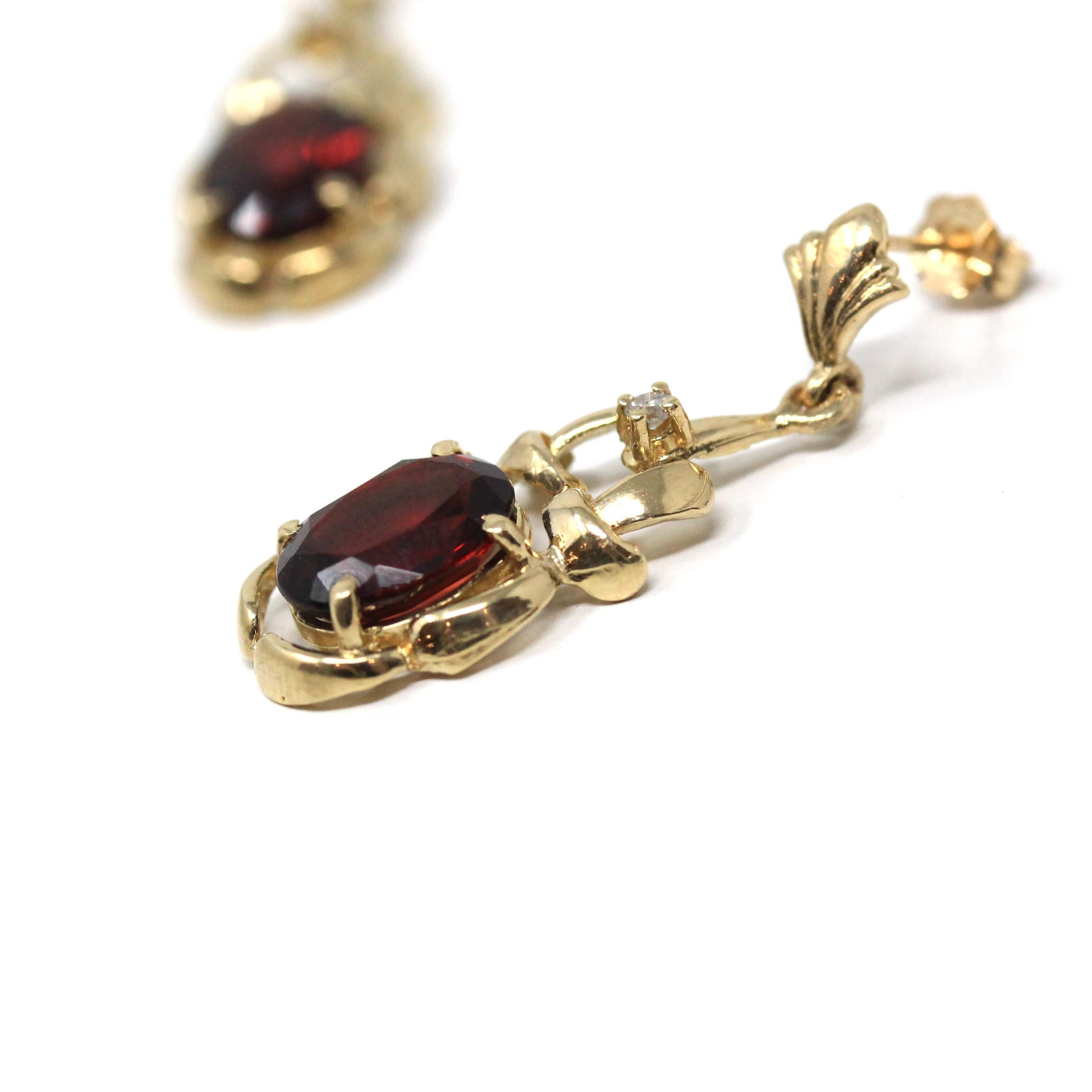 Garnet & Diamond Earrings - Estate 14k Yellow Gold Oval Faceted Red Gemstones - Pierced Post Dangle Drops Fine January Birthstone Jewelry