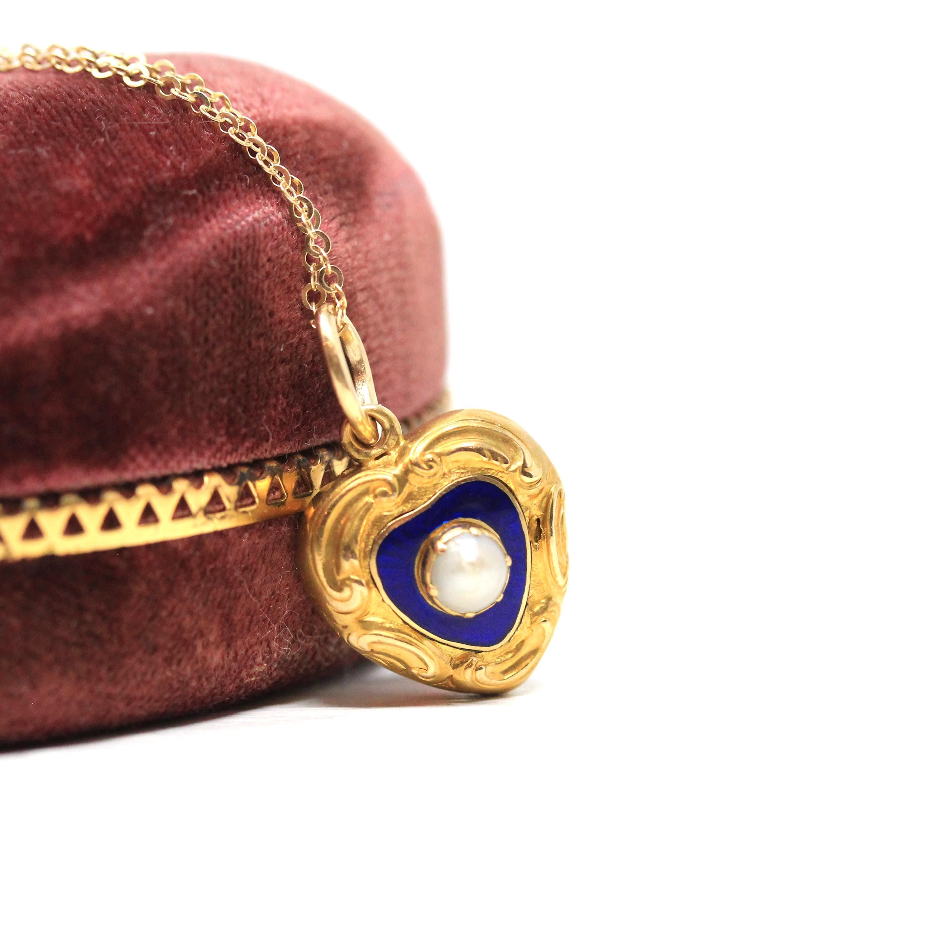 Antique Heart Pendant - Victorian 15ct Yellow Gold Blue Enamel Pearl Charm Necklace - Vintage Circa 1900 Alexander Compartment Fine Jewelry