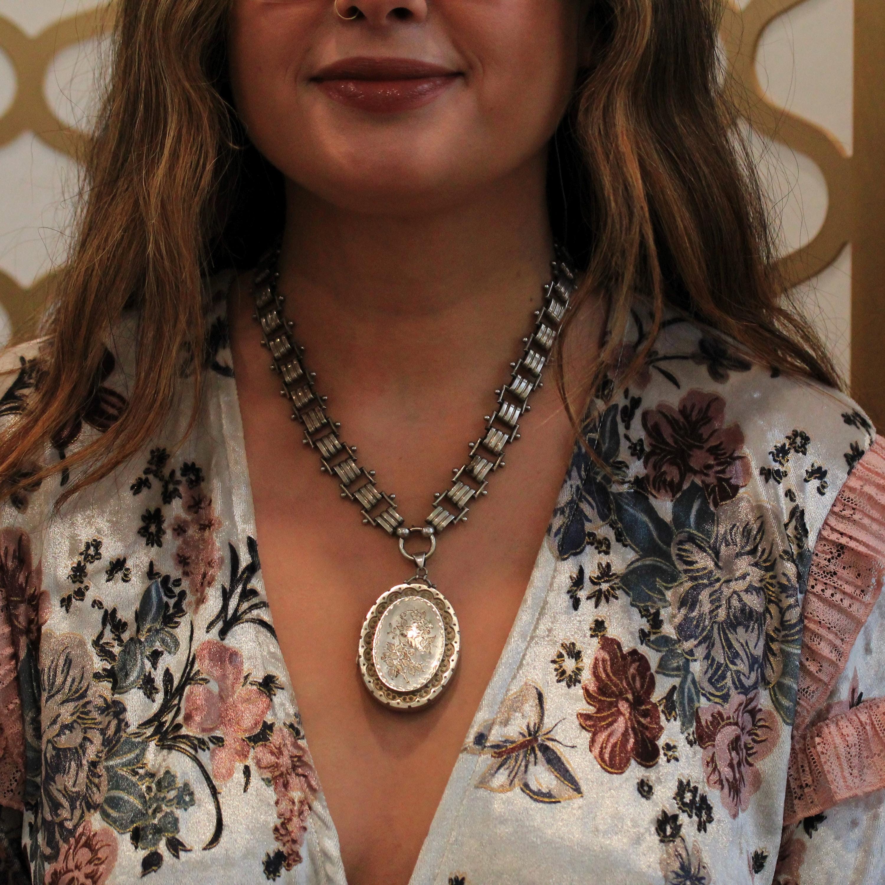 Antique Bird Locket - Victorian Sterling Silver Engraved Book Chain Necklace Pendant - Circa 1880s Era Swallow Large Photo Statement Jewelry