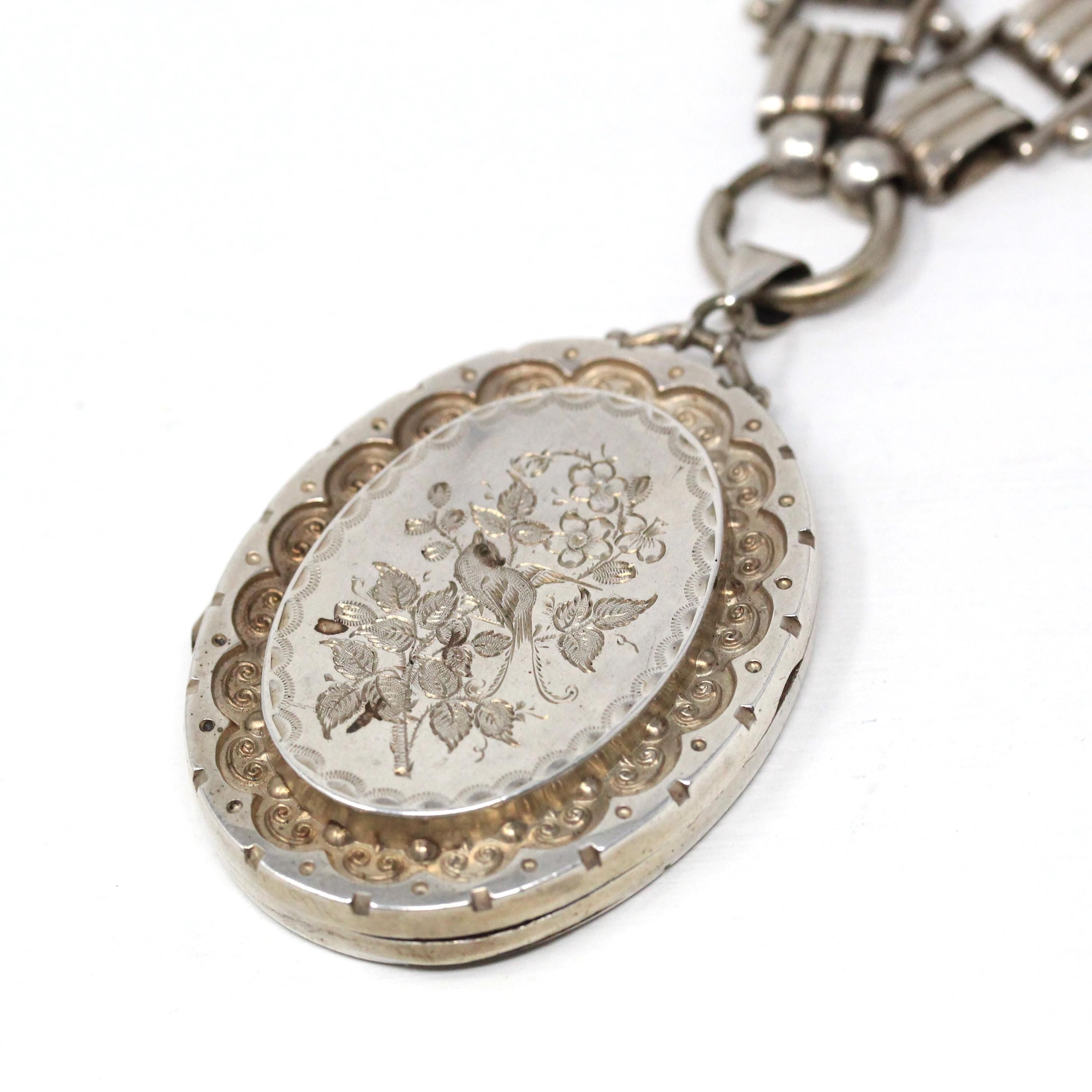 Antique Bird Locket - Victorian Sterling Silver Engraved Book Chain Necklace Pendant - Circa 1880s Era Swallow Large Photo Statement Jewelry